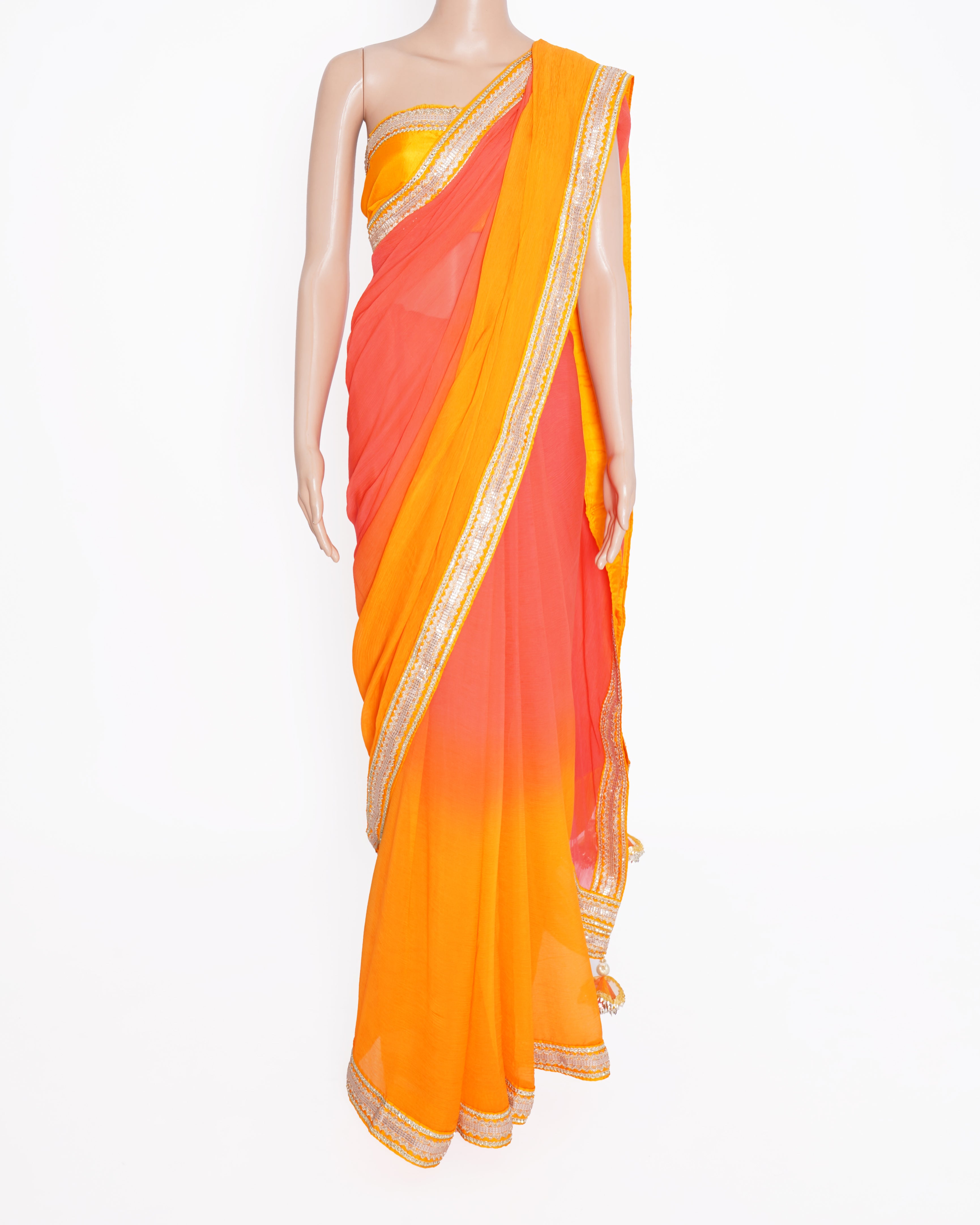 New Nikasha Border Saree In Ombre Yellow - Peach With Blouse Piece & Two Extra Tassels