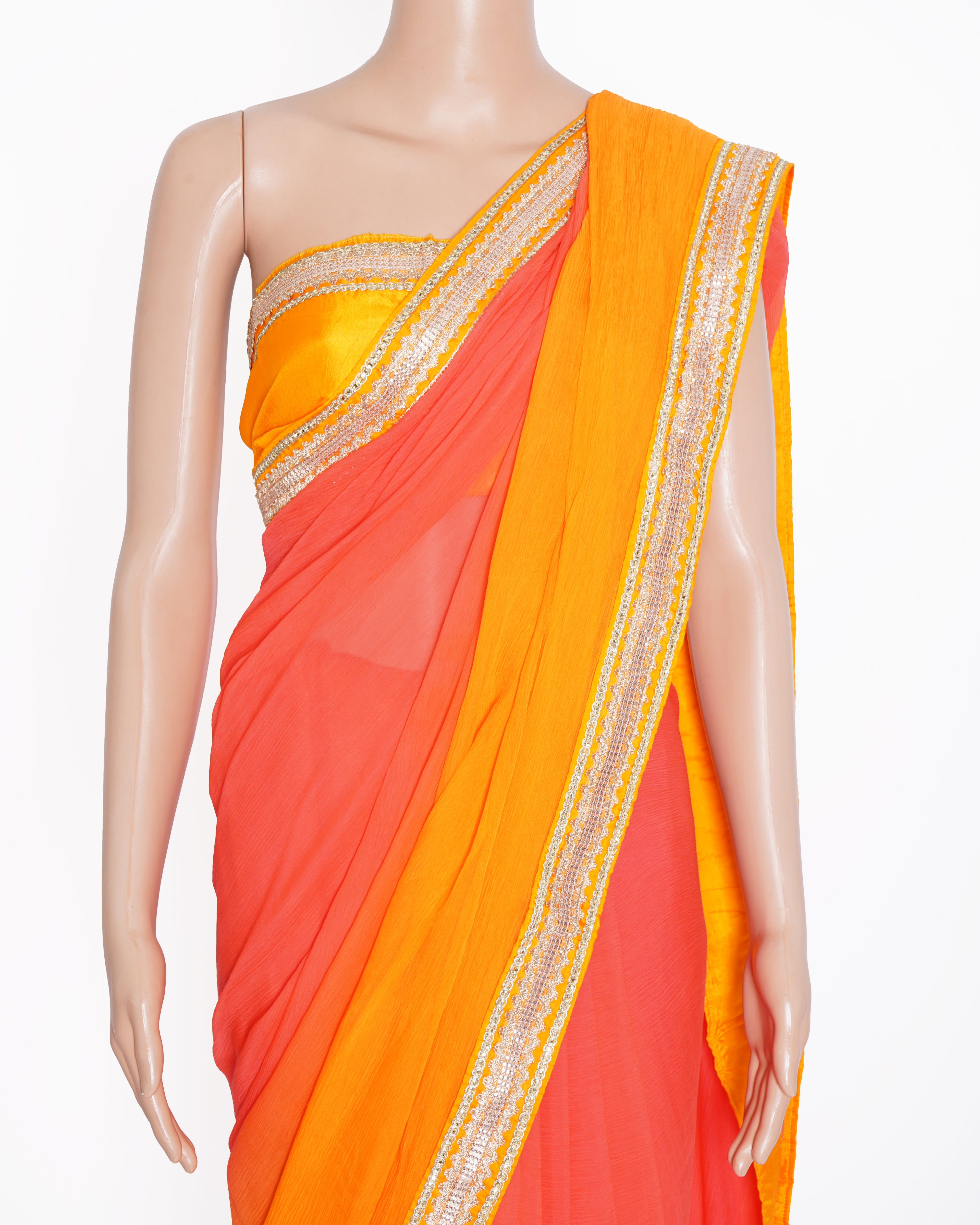 New Nikasha Border Saree In Ombre Yellow - Peach With Blouse Piece & Two Extra Tassels