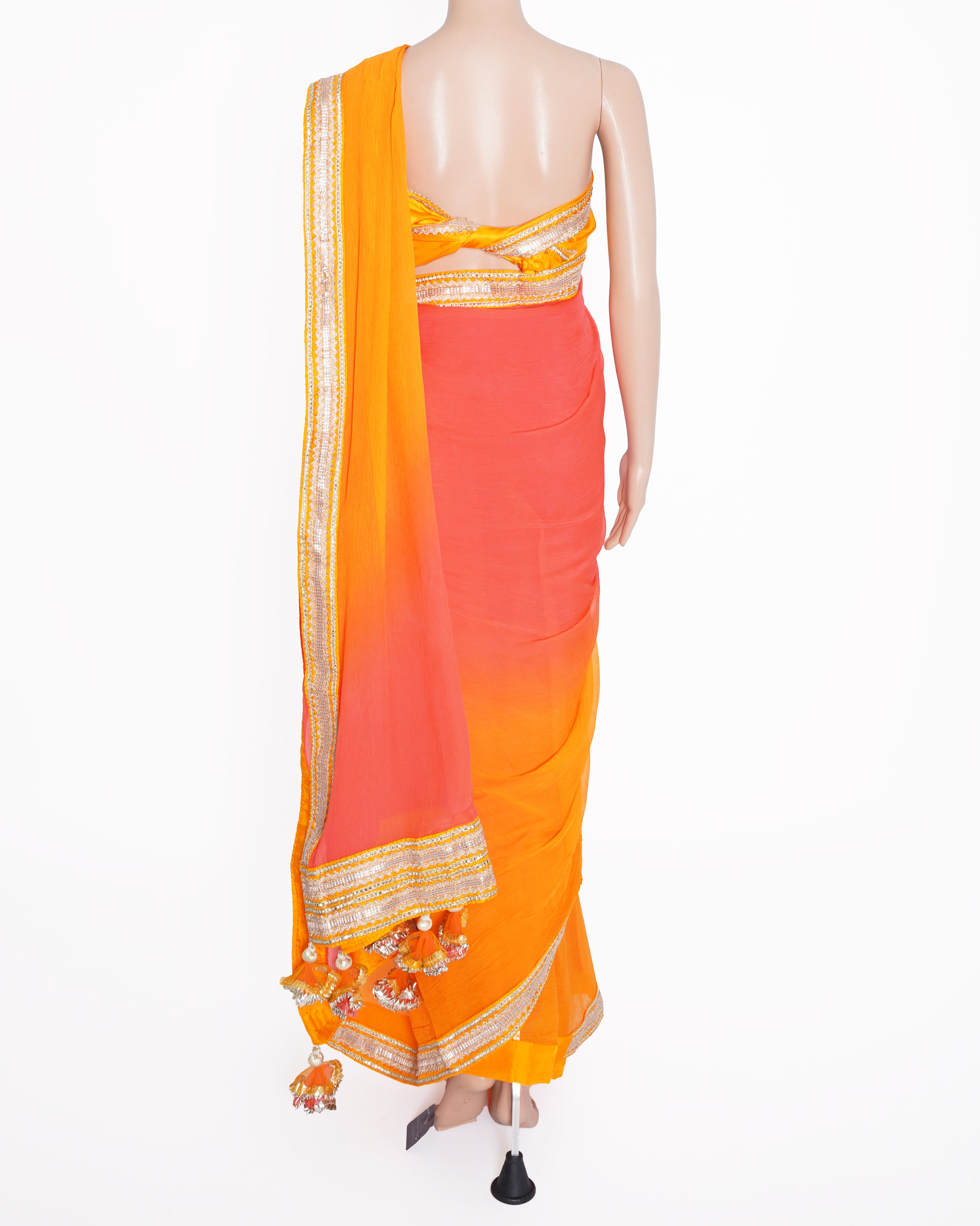 New Nikasha Border Saree In Ombre Yellow - Peach With Blouse Piece & Two Extra Tassels