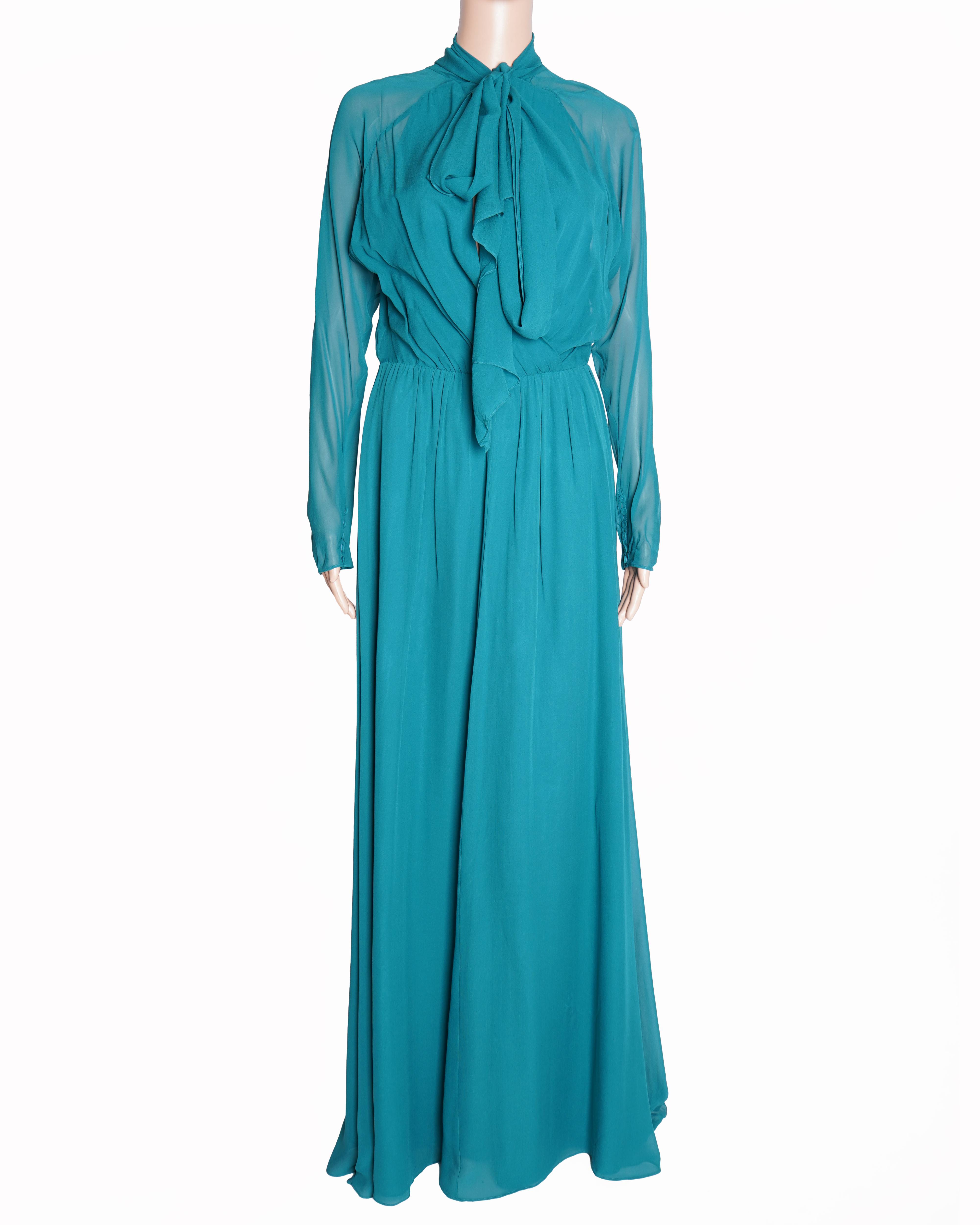 BCBGMAXAZRIA Teal green tie-neck ruffle dress