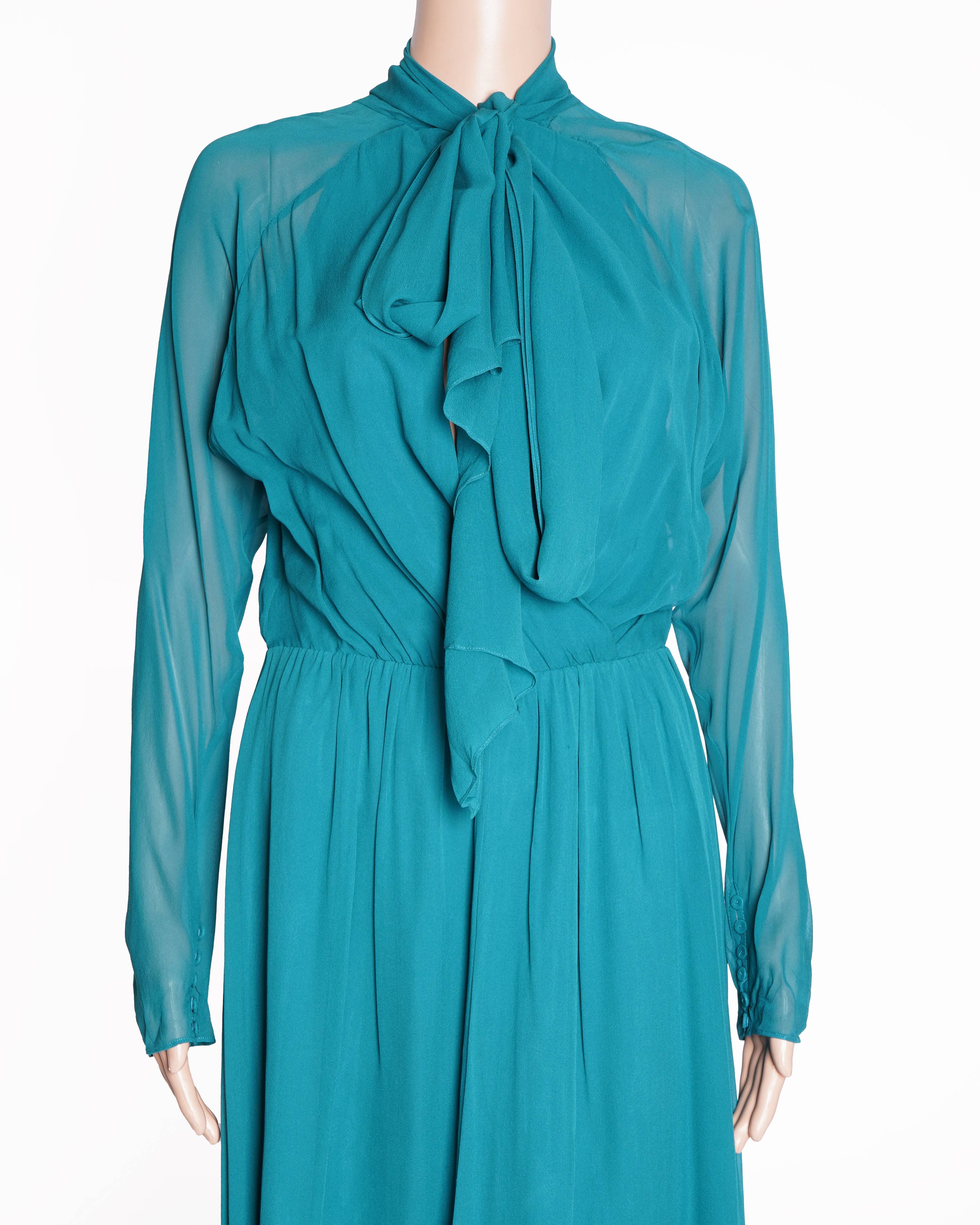 BCBGMAXAZRIA Teal green tie-neck ruffle dress