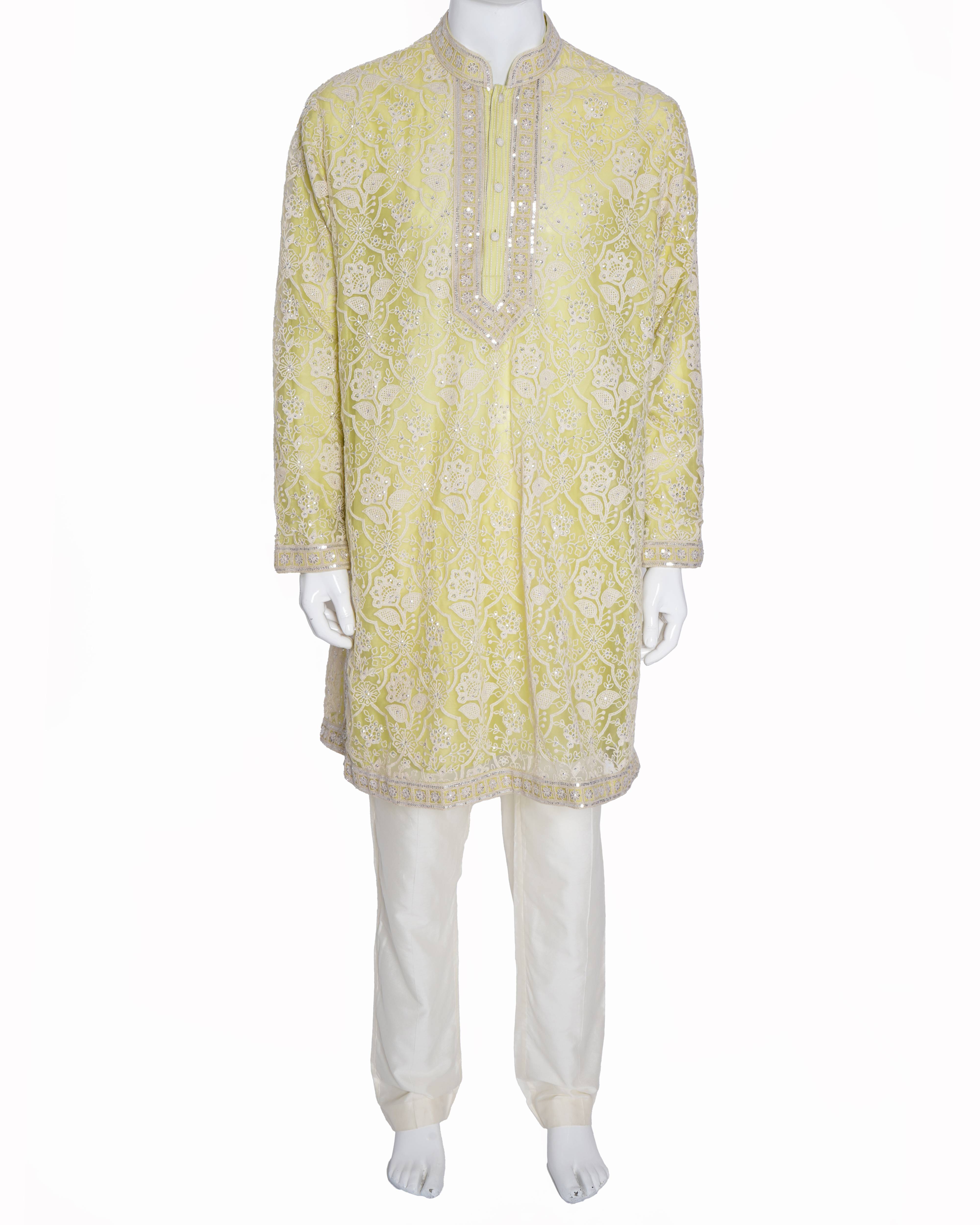 Abu Jani Sandeep Khosla Embroidered sequenced Kurta set of 2 In Lime Green