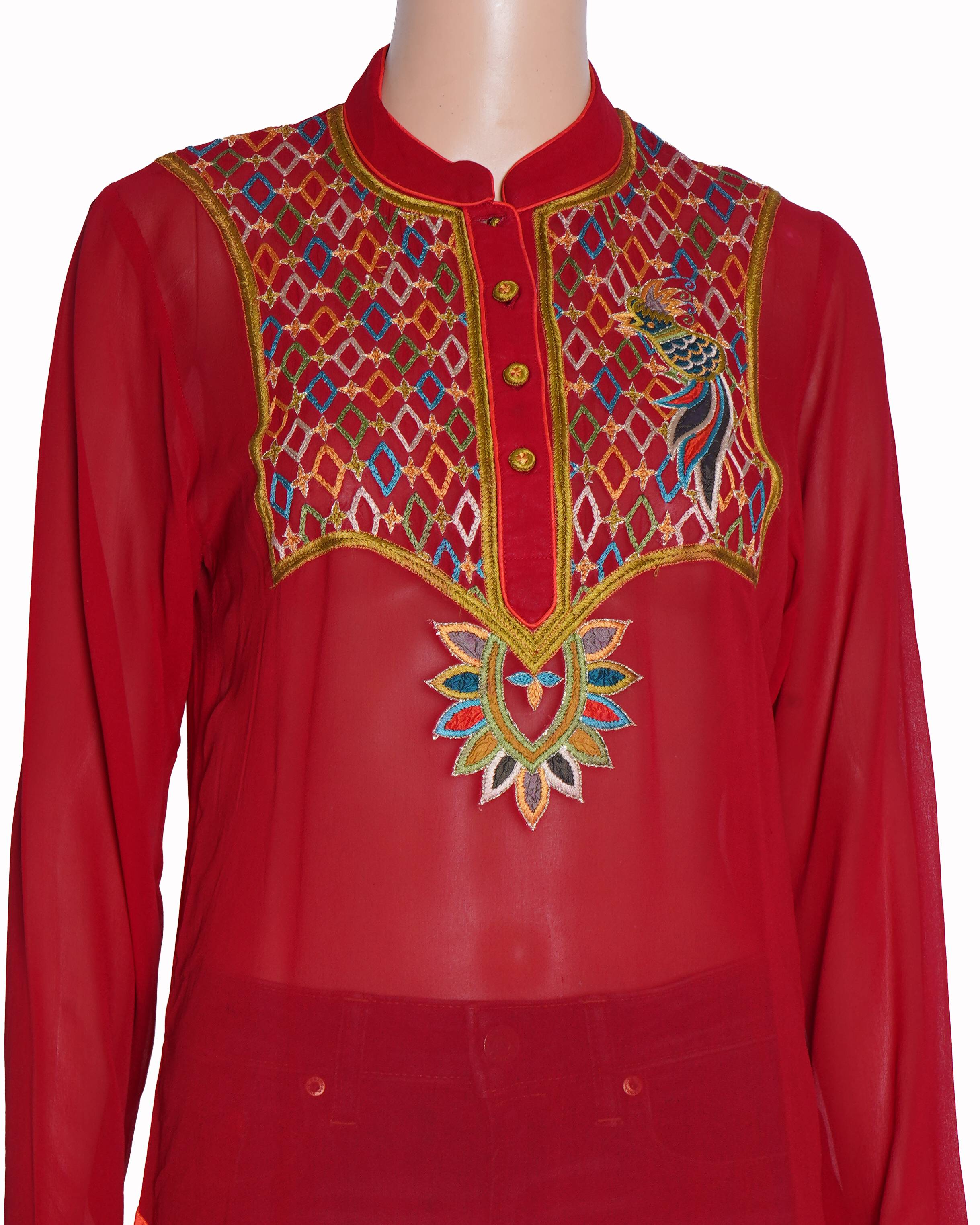 Abu Jani Sandeep Khosla Red Chinese Collar Top