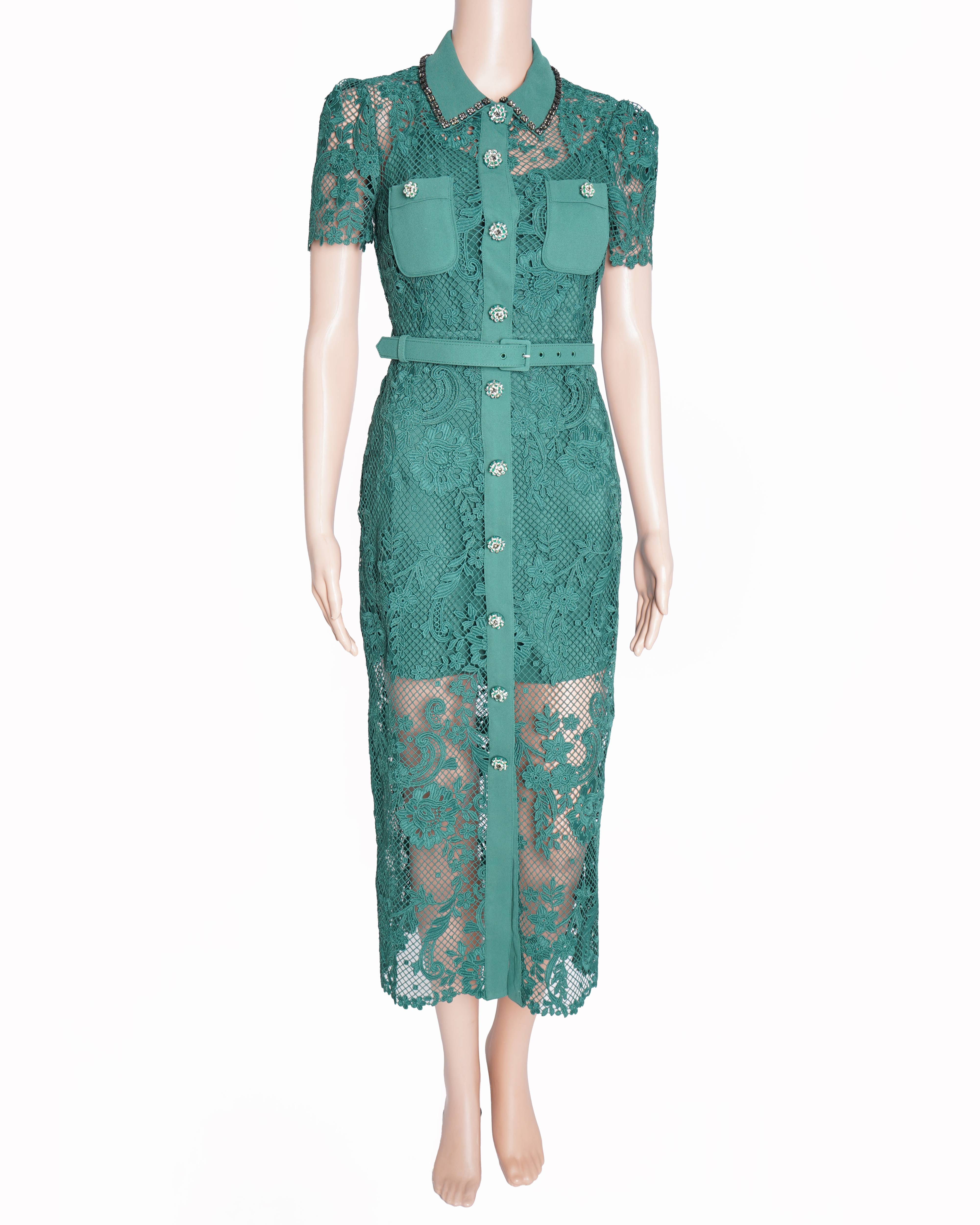 New Self-Portrait Green Lace Collared Midi Dress with Jewelled Buttons