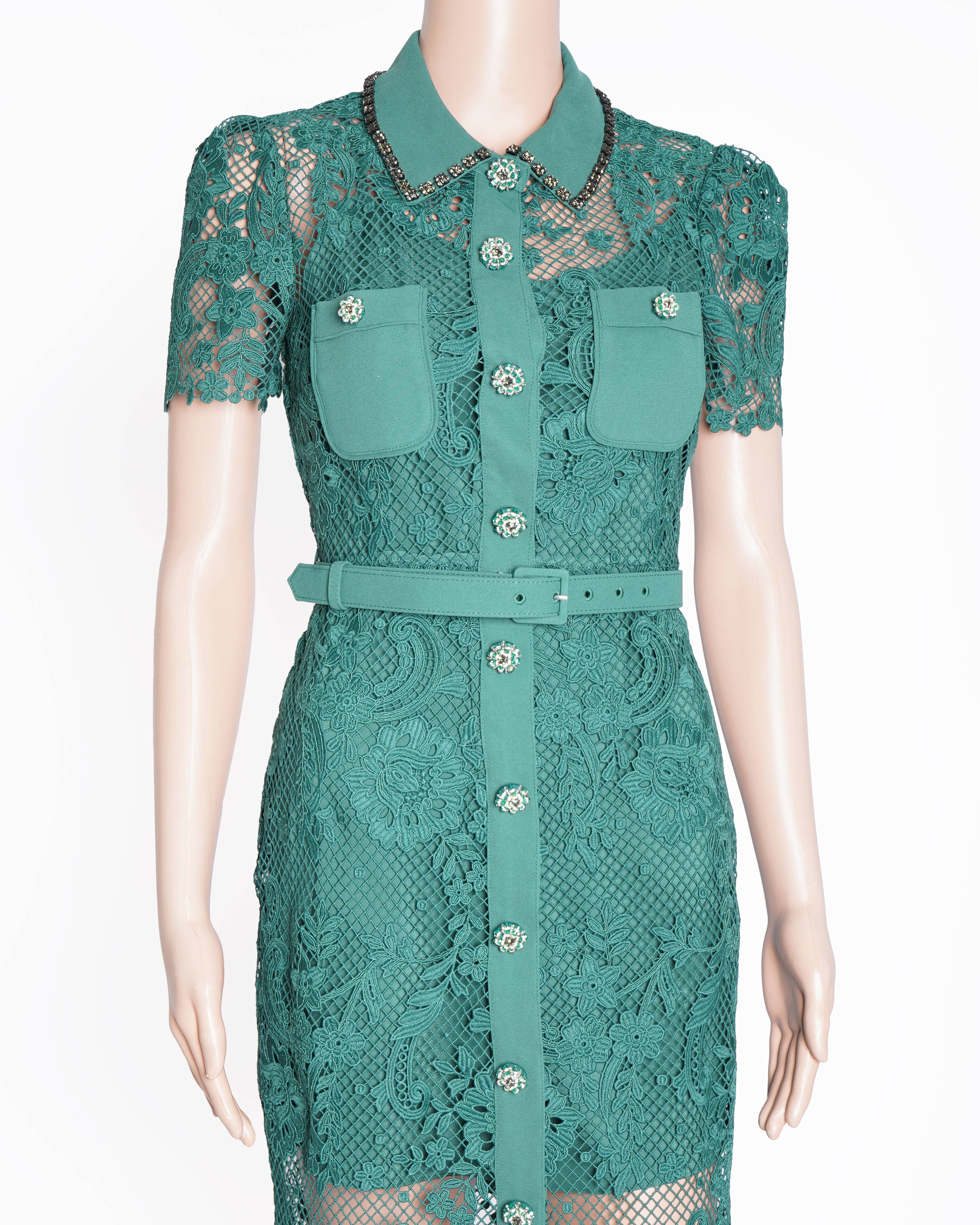 New Self-Portrait Green Lace Collared Midi Dress with Jewelled Buttons