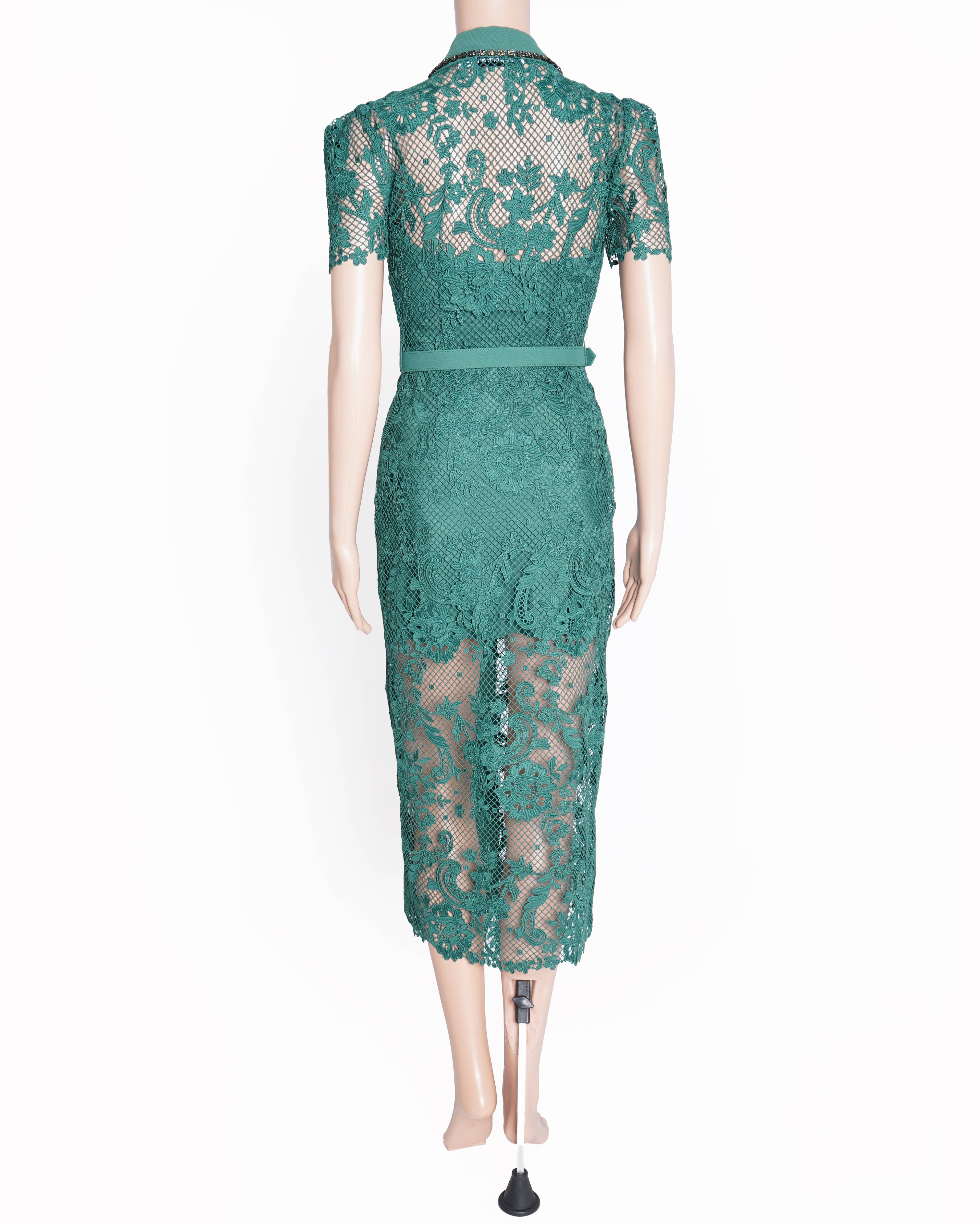 New Self-Portrait Green Lace Collared Midi Dress with Jewelled Buttons