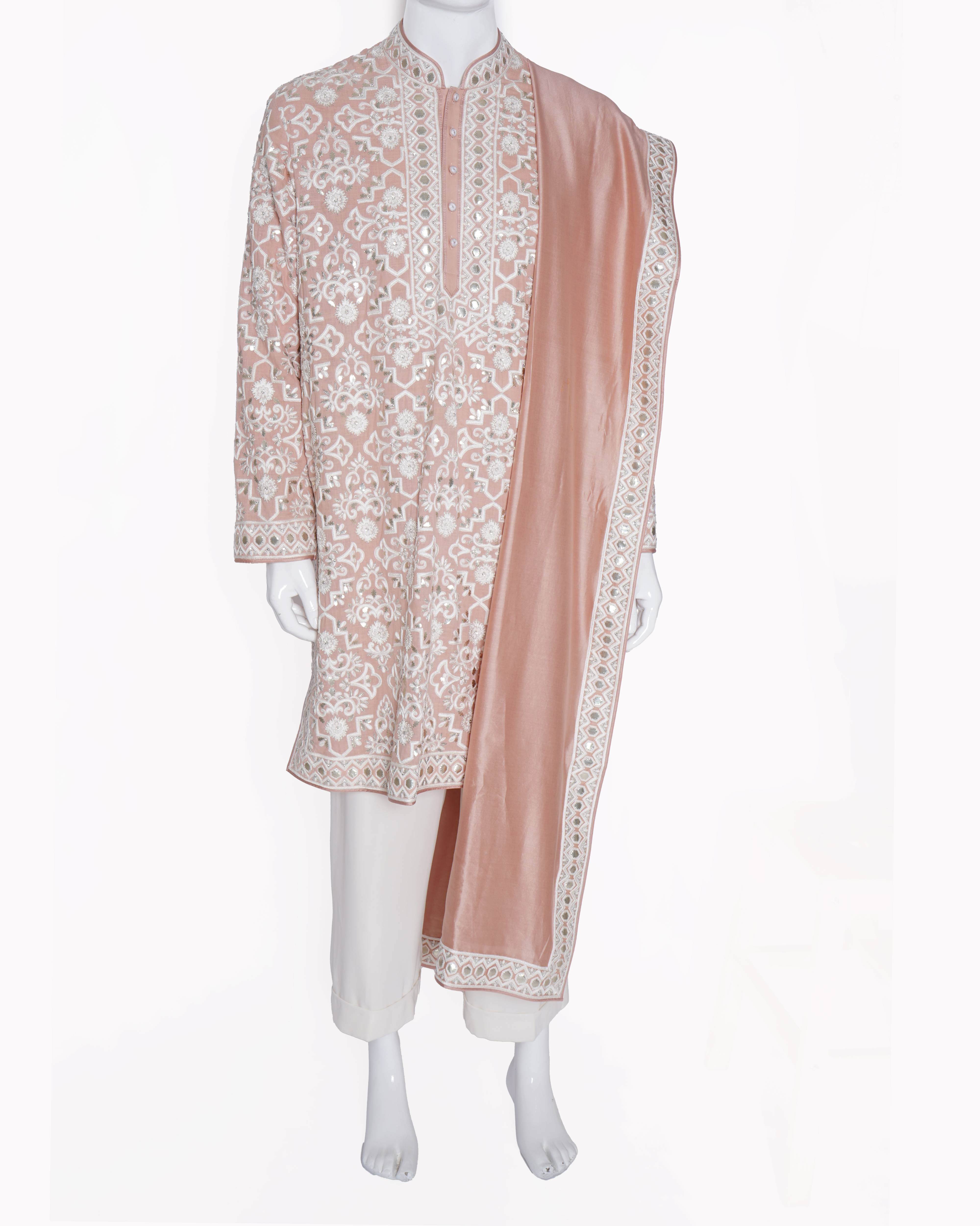 Abu Jani Sandeep Khosla Embroidered Kurta set of 2 In Peach