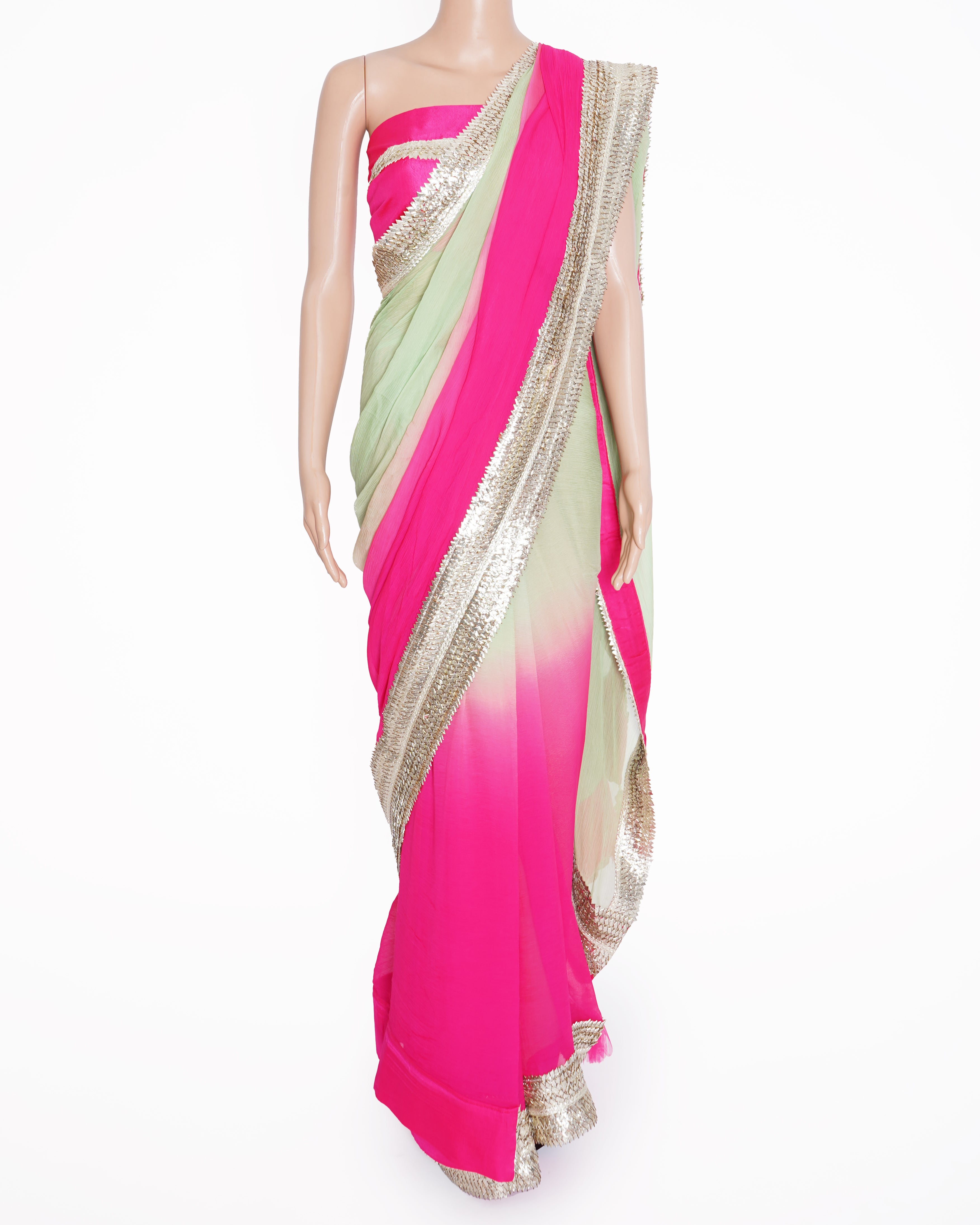 New Nikasha Thick Border Saree In ombre Green to Pink With Blouse Piece & Two Extra Tassels
