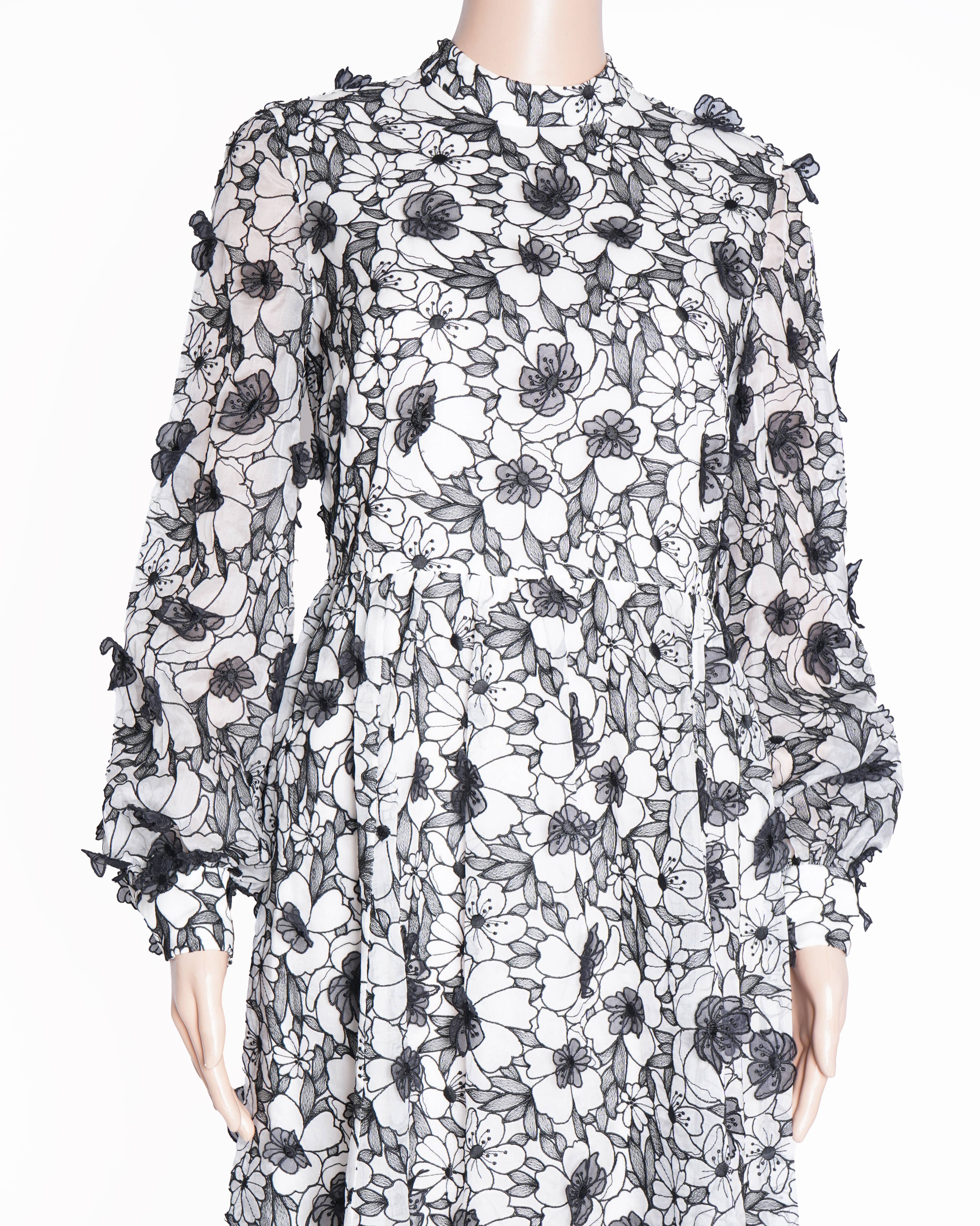 New Erdem Floral Printed Tallulah Dress In Black & WHite