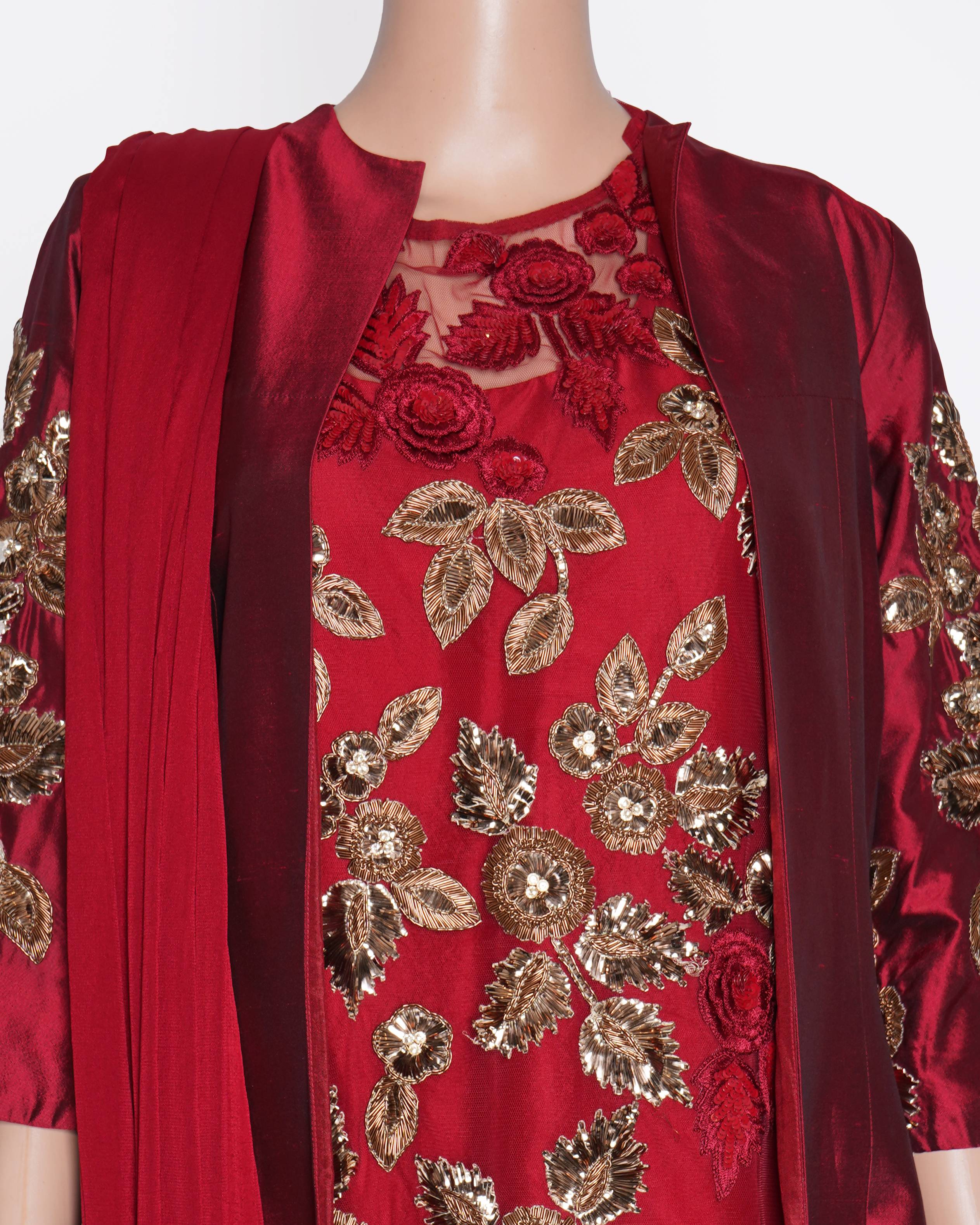 Manish Malhotra Maroon 4 Piece Embroidered Set With Dupatta