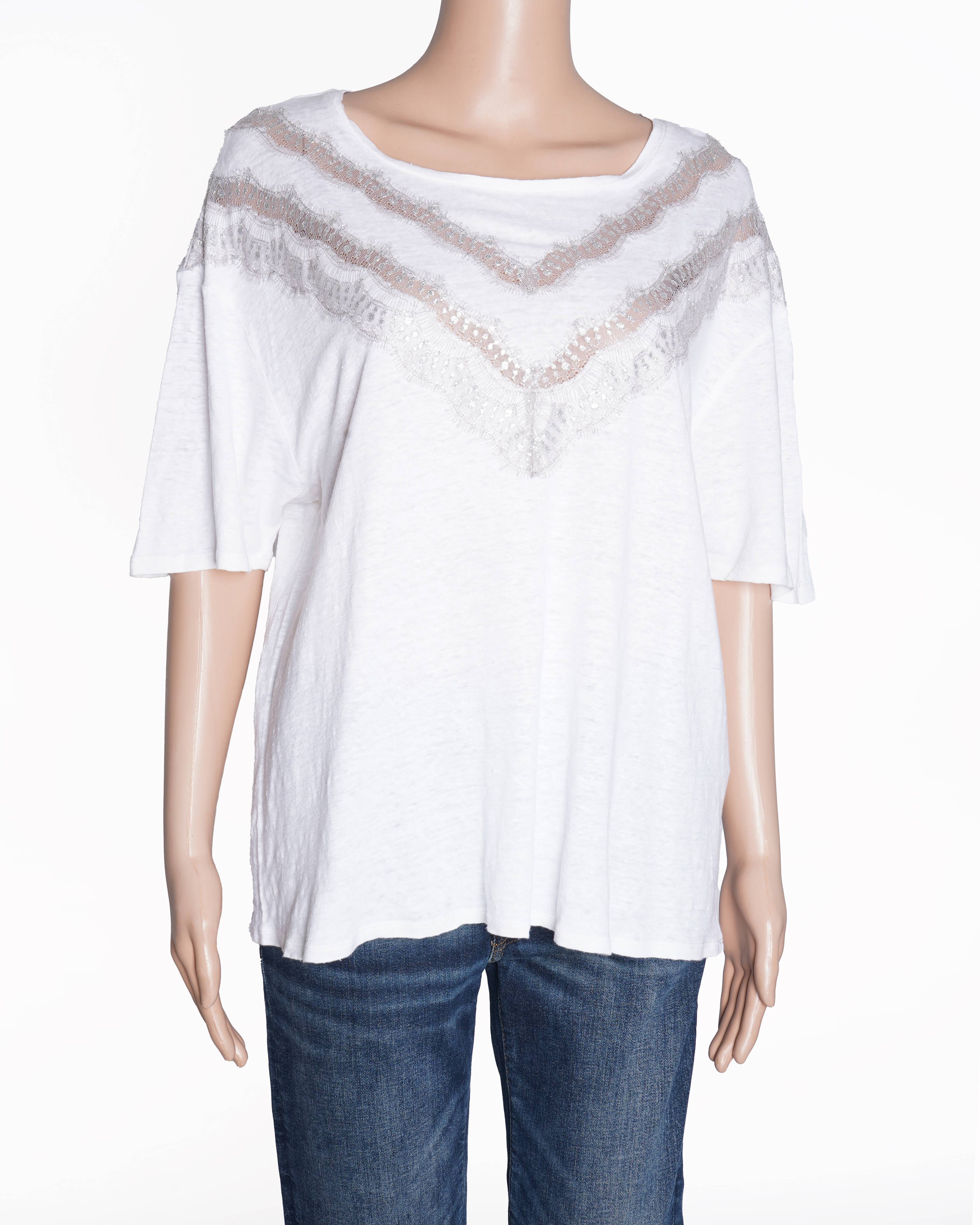 Sandro Top In White With Lace Detailing