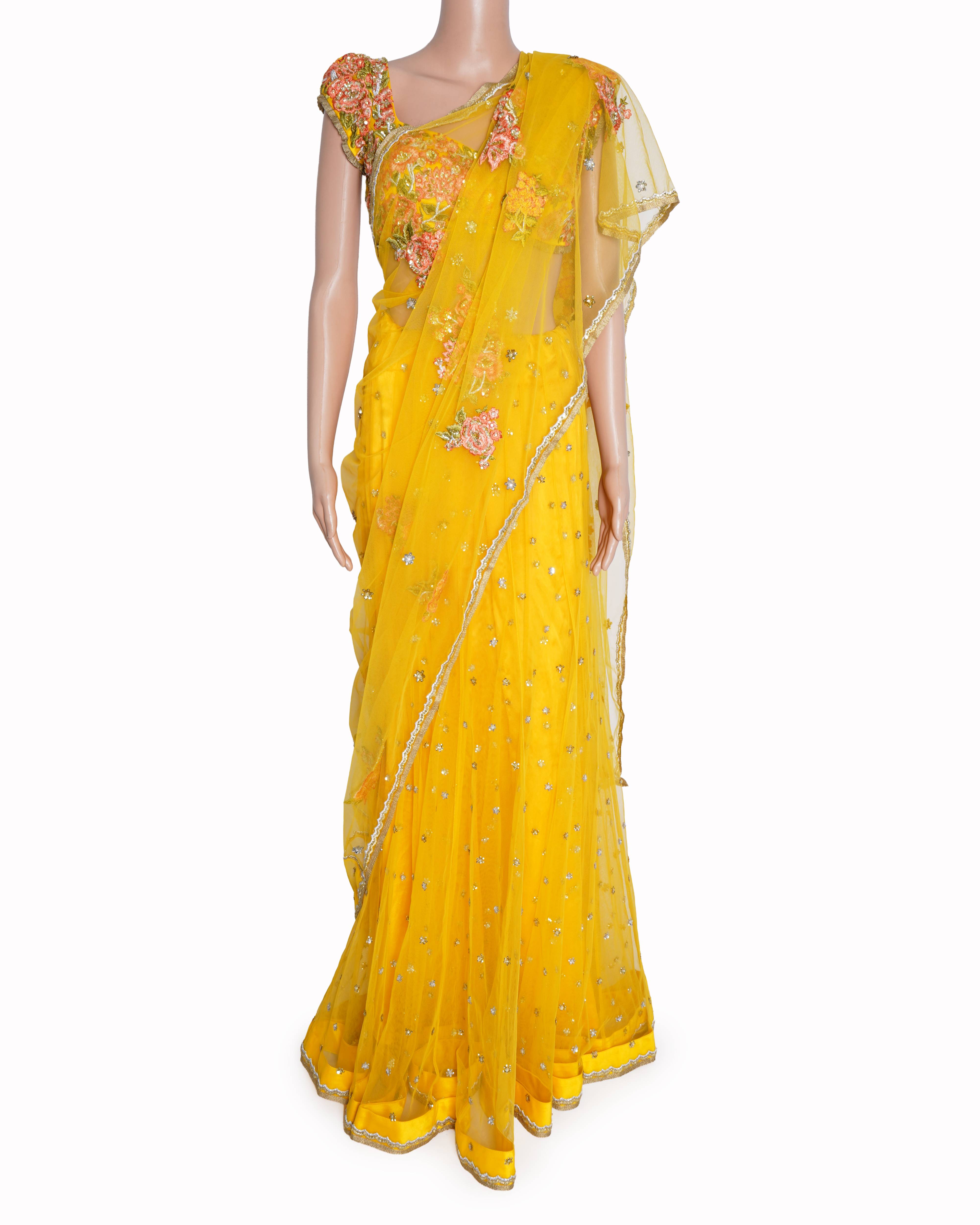 Bhairavi Jaikishan yellow net saree (set of 3)