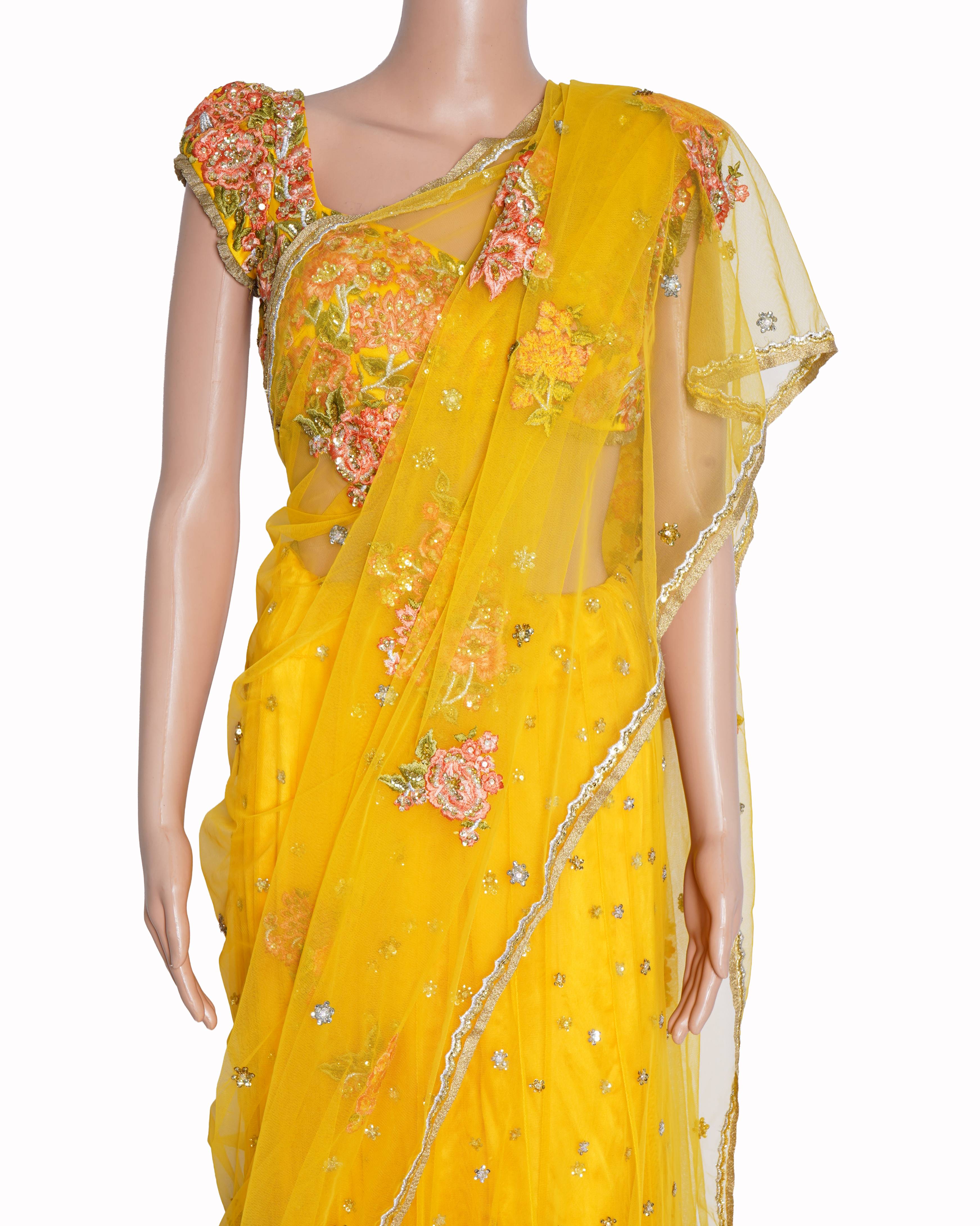 Bhairavi Jaikishan yellow net saree (set of 3)