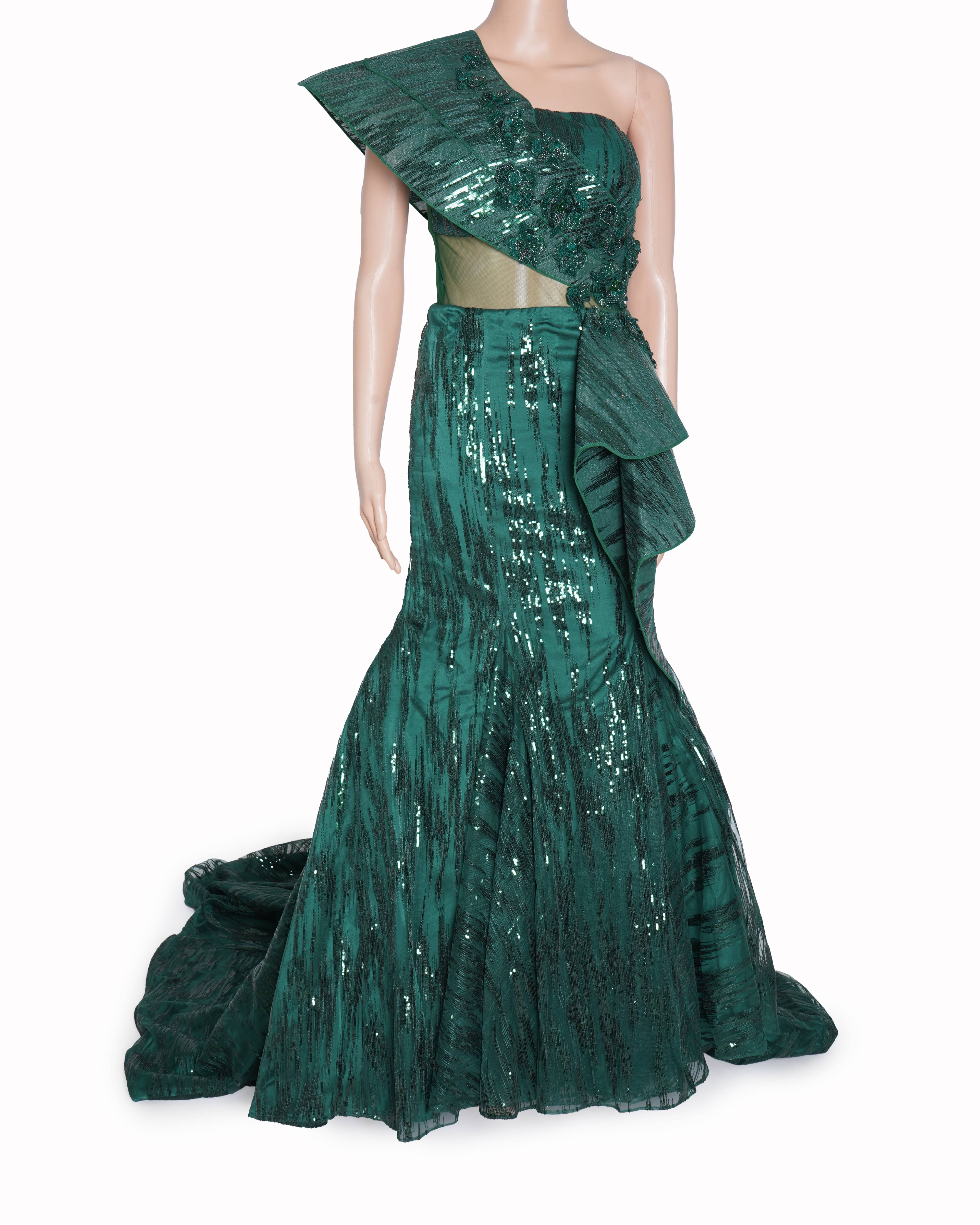 Kamaali Couture Single Shoulder Gown In Emerald Green