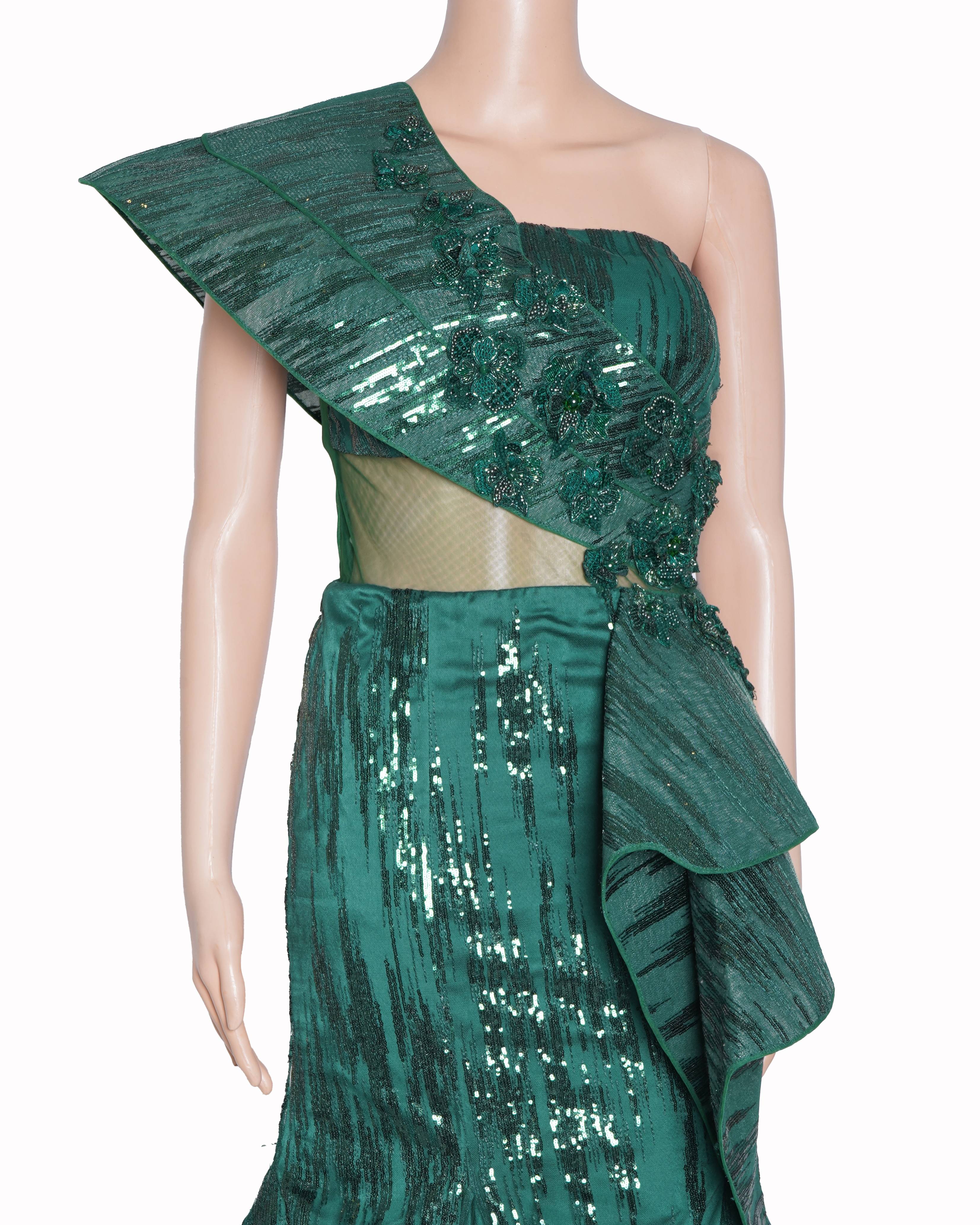 Kamaali Couture Single Shoulder Gown In Emerald Green