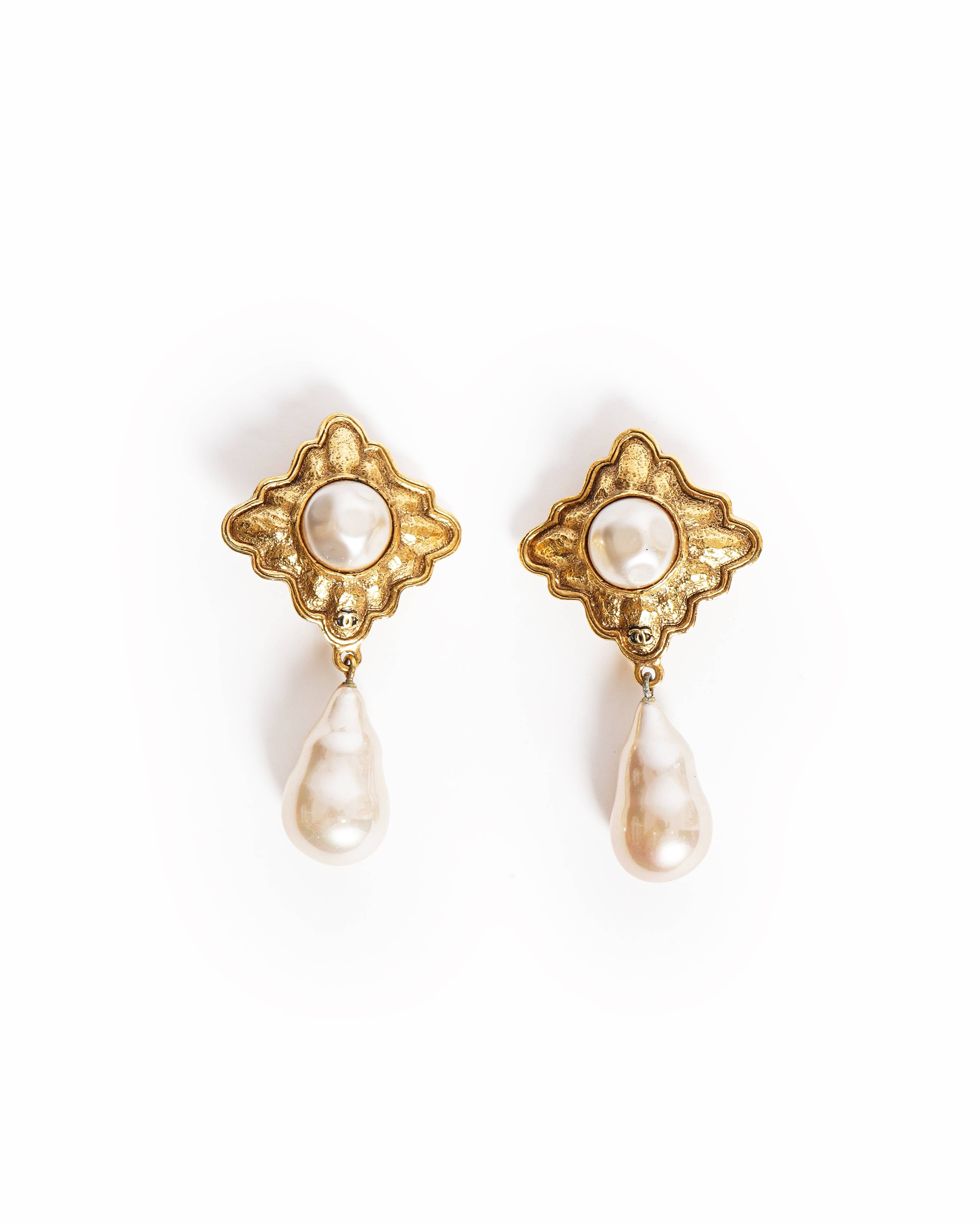 Vintage Chanel Gold-Plated Baroque Pearl Drop Clip-On Earrings, Made In France 1990s