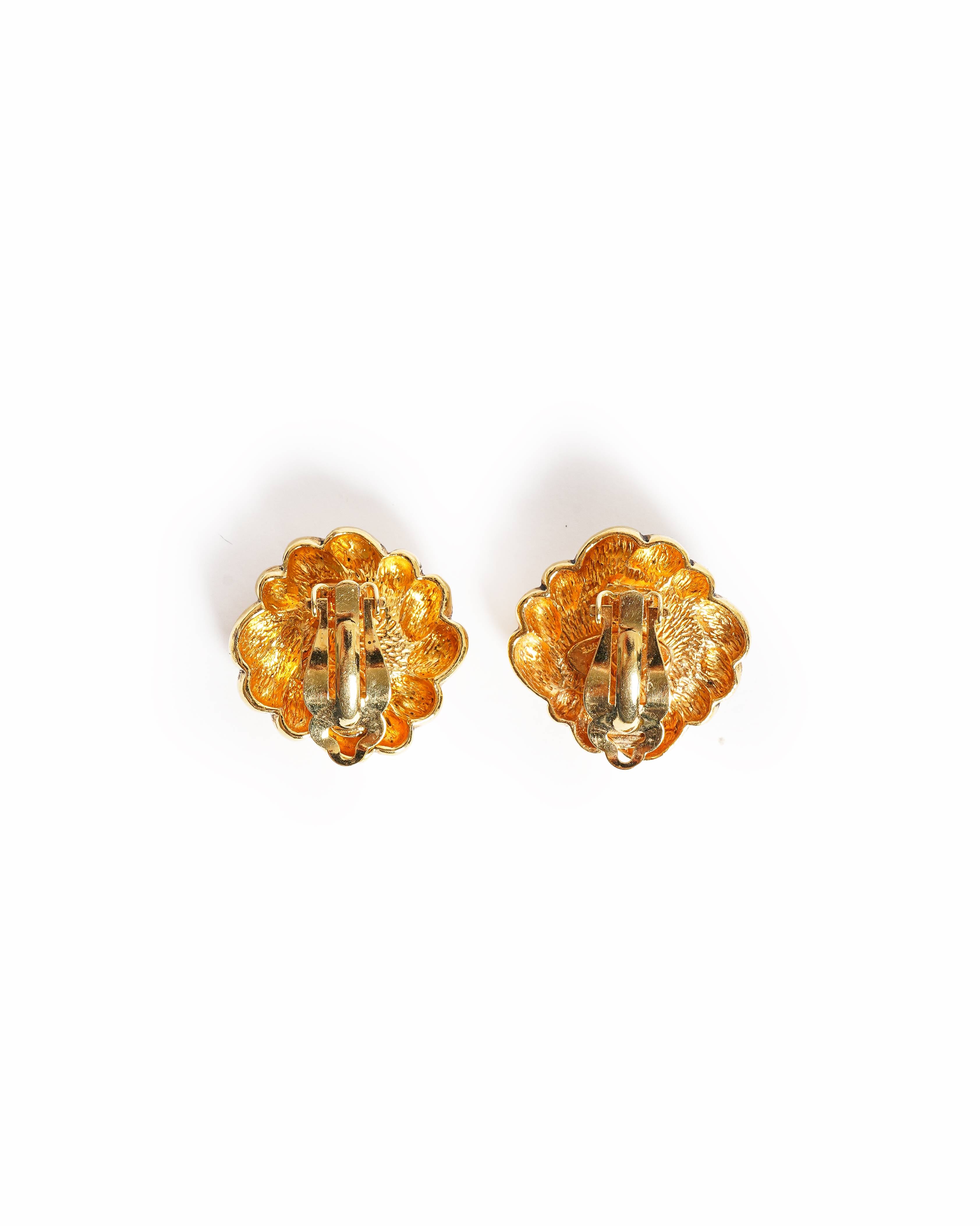 Vintage Chanel Gold Turquoise Swirl Button Clip Earrings, Made In France 1990s