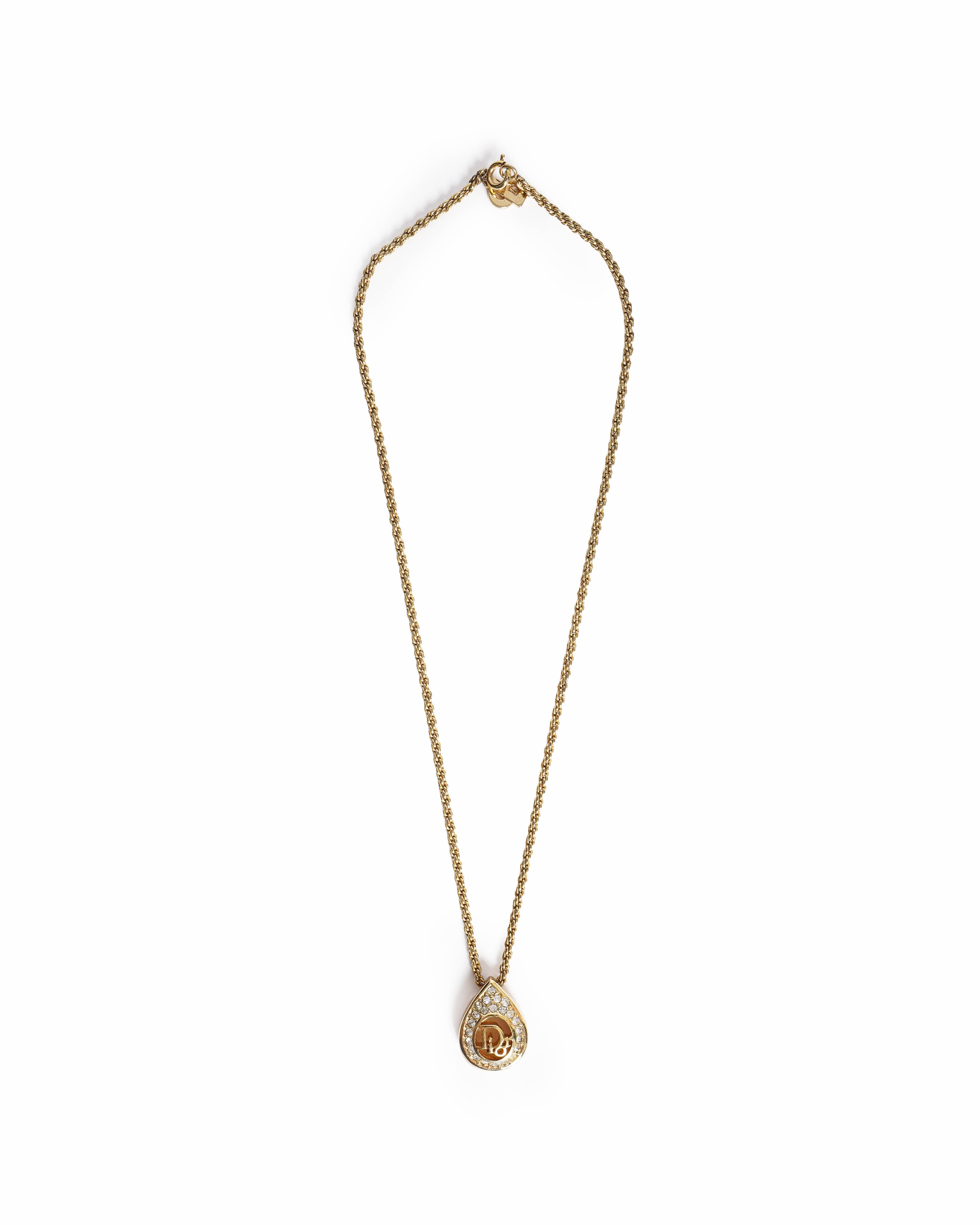 Christian Dior 1990's Vintage Gold-Plated Rhinestone Dior Logo Pendant Necklace