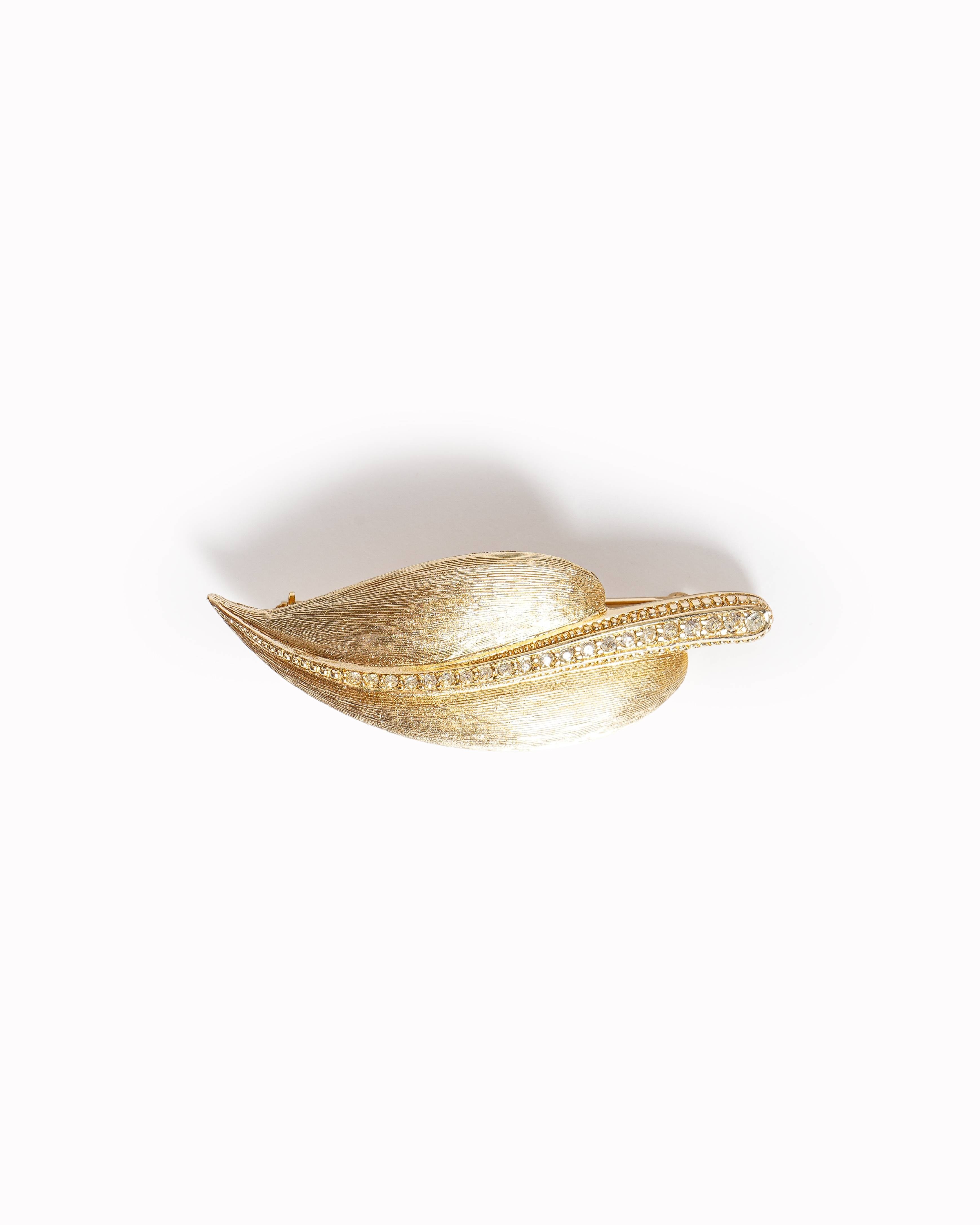 Christian Dior Signed Vintage Textured Gold Tone Clear Crystal Leaf Brooch