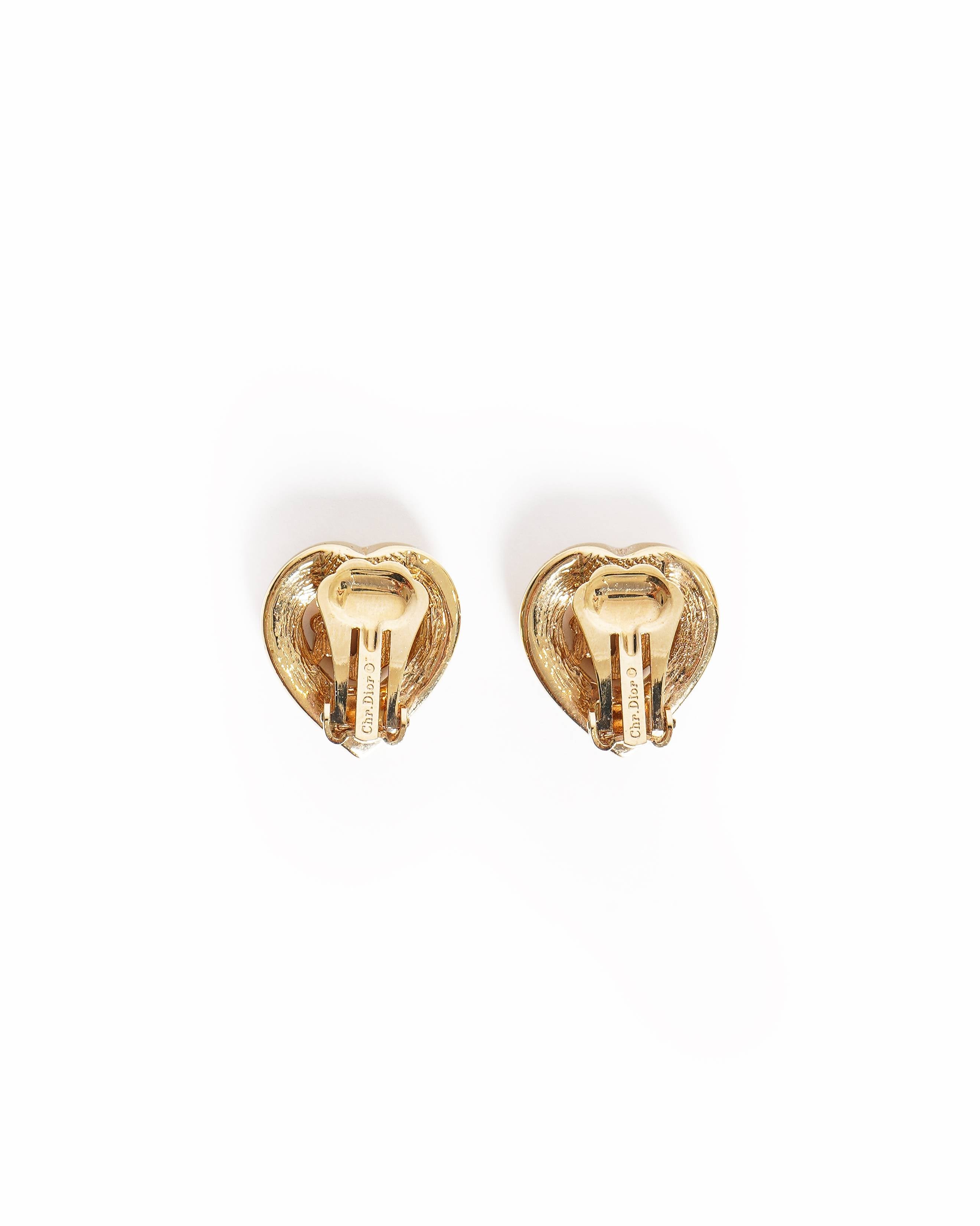 Vintage Christian Dior Gold Plated Dior Heart Crystal Logo Clip-on Earrings, Made In Germany