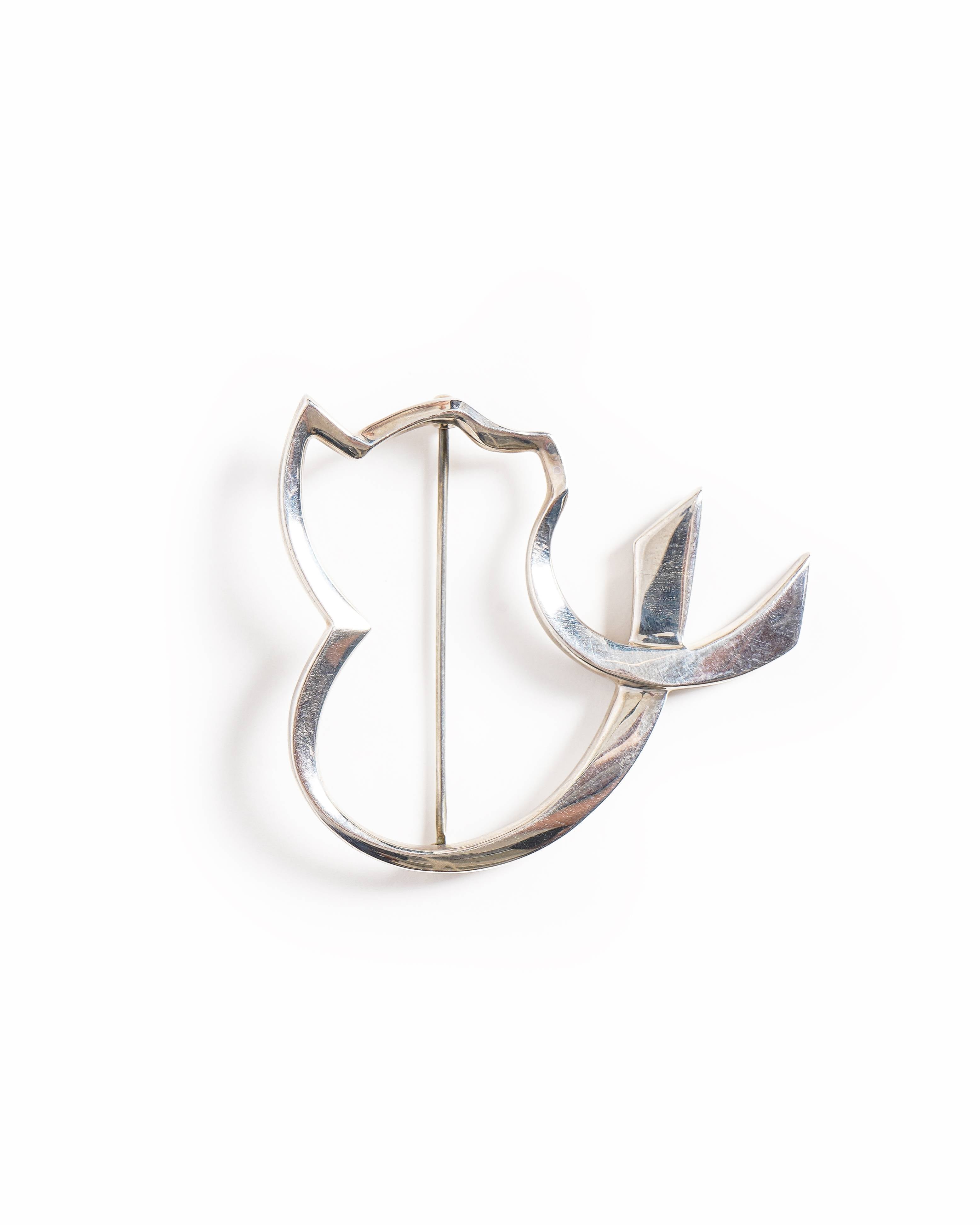 Vintage Tiffany & Co. Paloma Picasso Sterling Silver Cat in Heart Brooch Pin