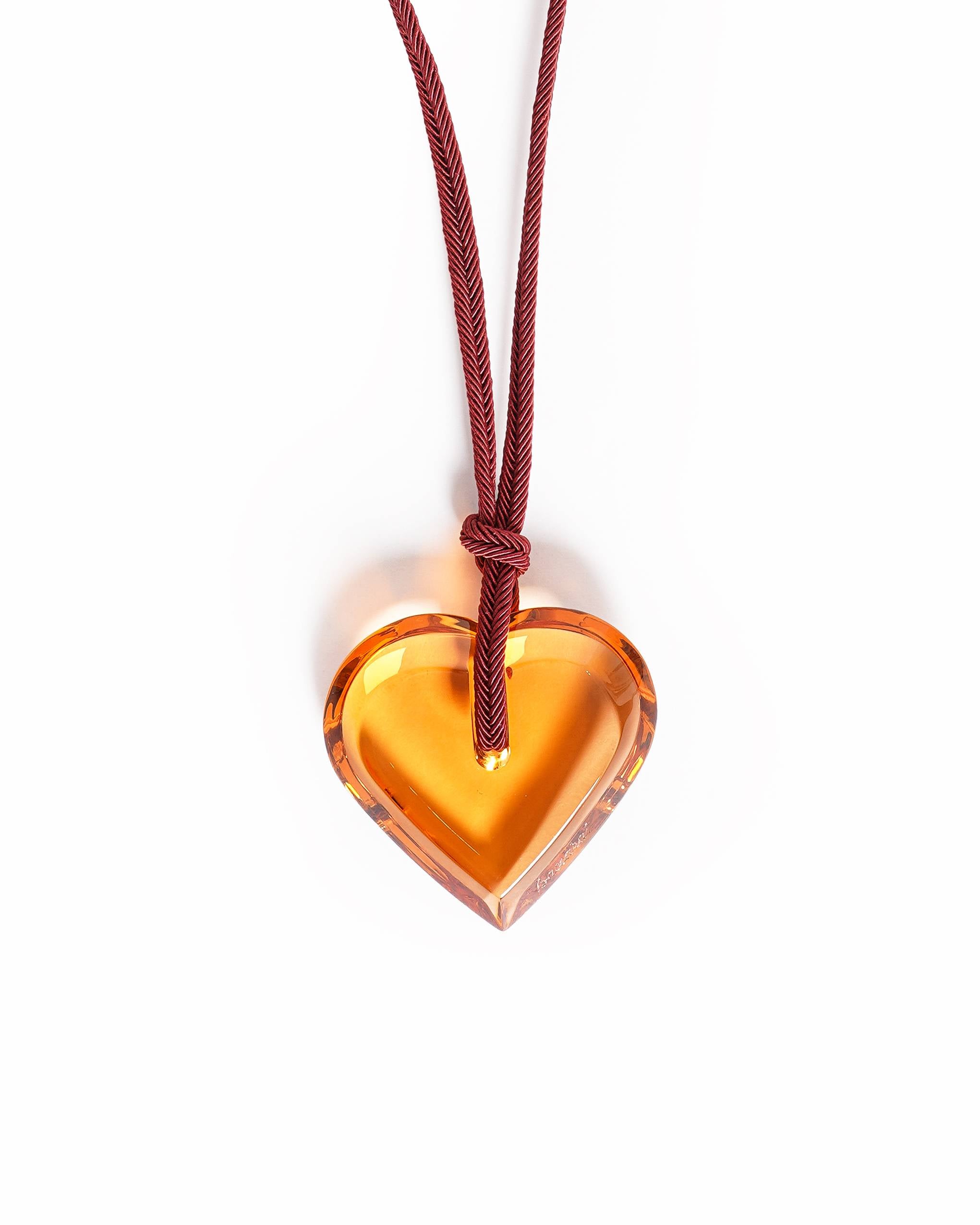 Baccarat Vintage Clear Amber Crystal Heart Cord Pendant Necklace