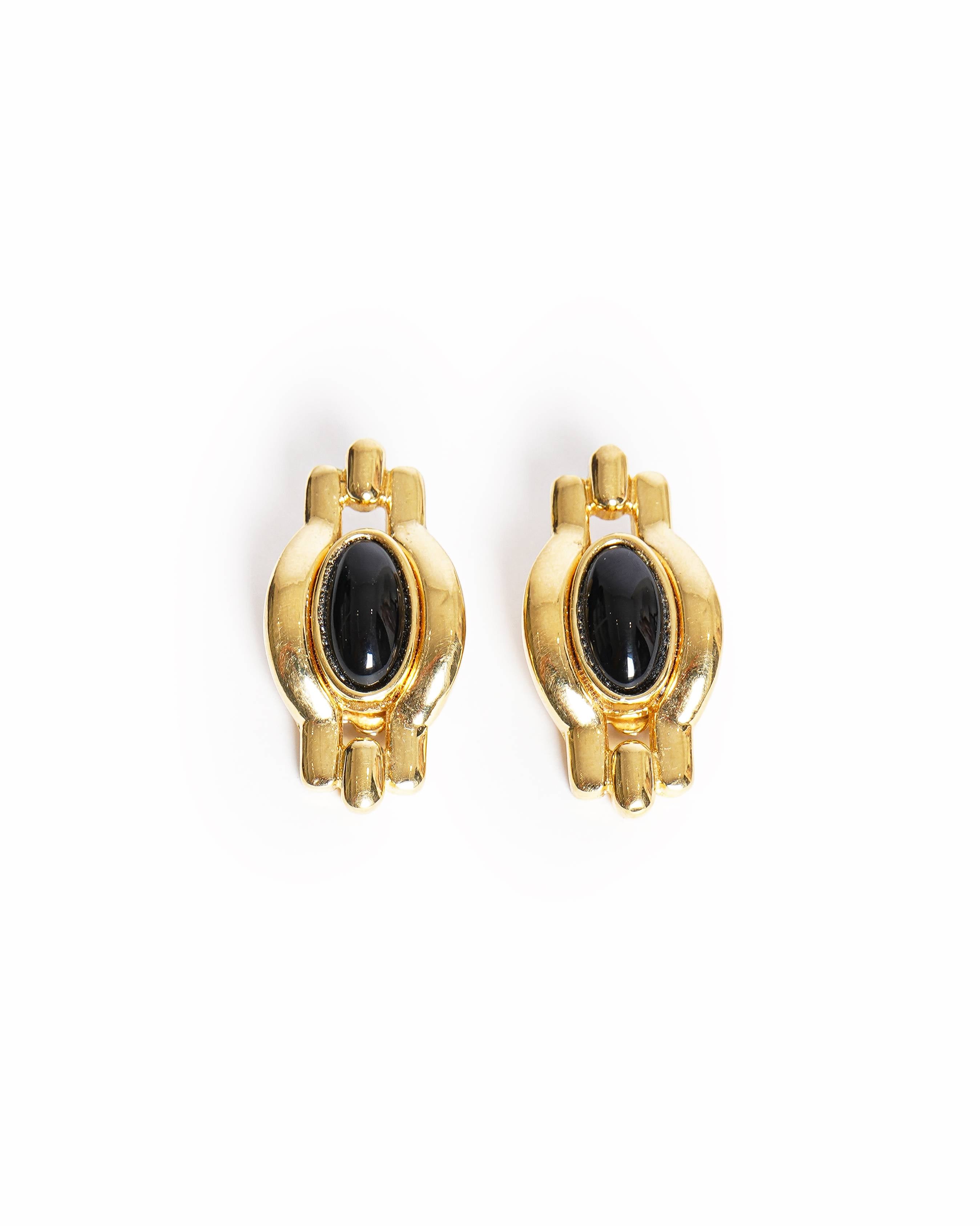Vintage Balmain Gold-Plated Black Gemstone Geometric Clip-On Earrings