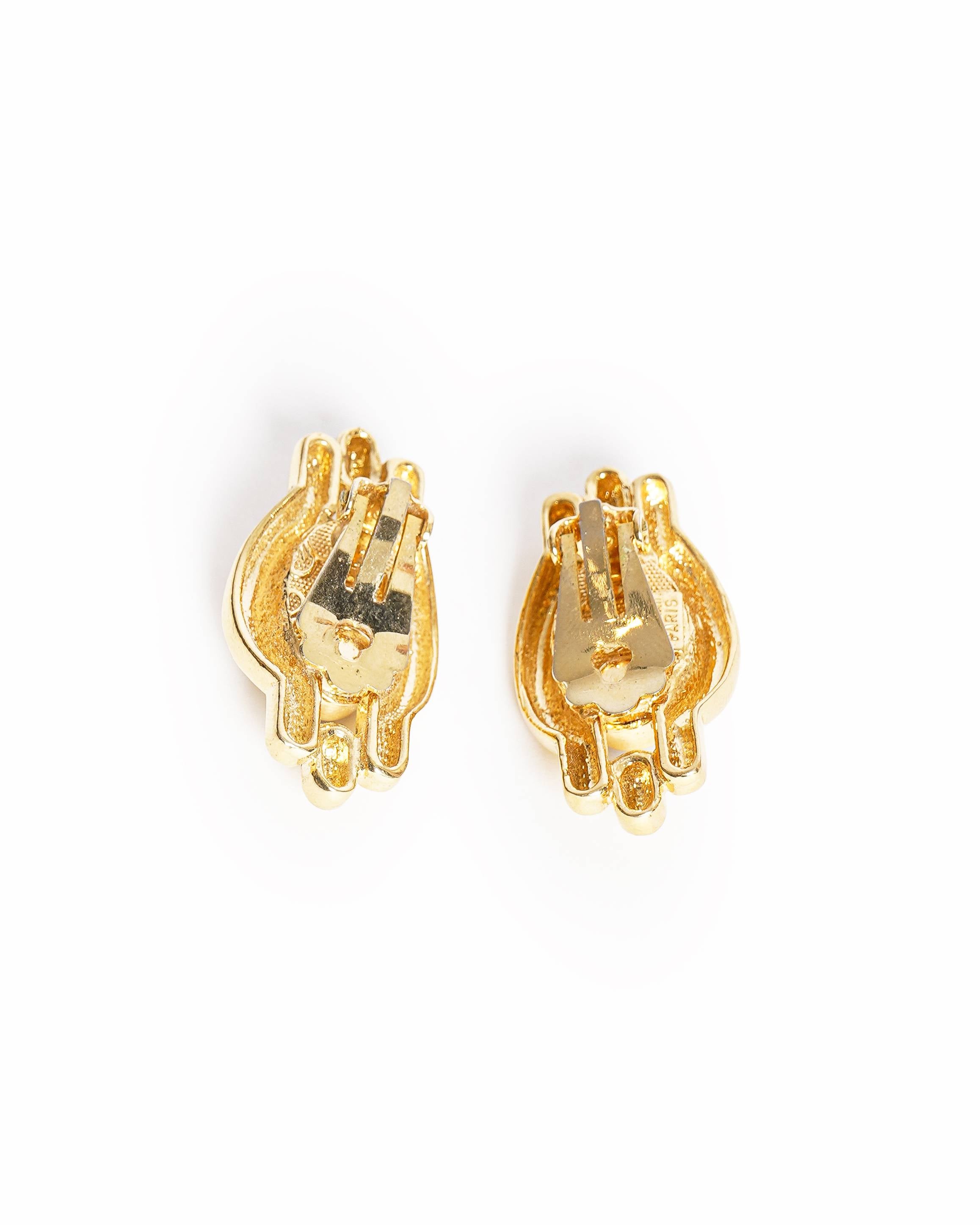 Vintage Balmain Gold-Plated Black Gemstone Geometric Clip-On Earrings