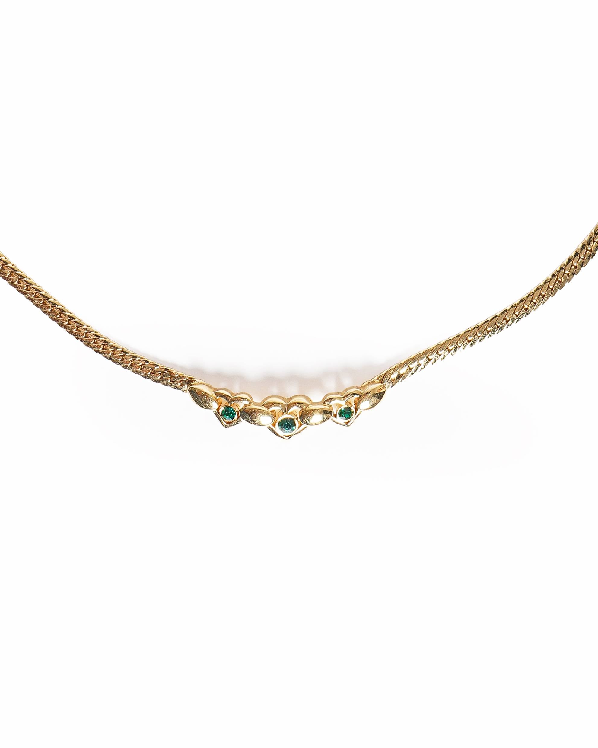 Vintage Nina Ricci Gold-Plated Triple Heart Emerald Crystal Choker Necklace
