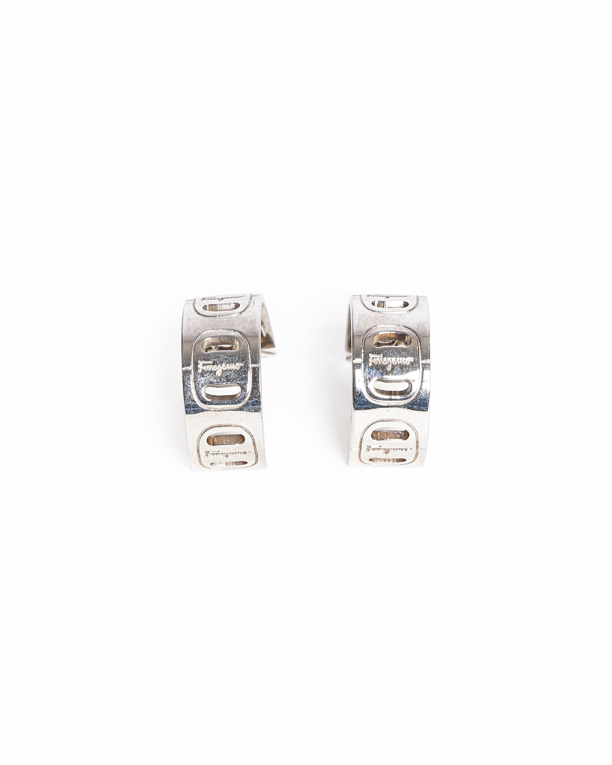 Salvatore Ferragamo Vintage Engraved Gancini Silver-Tone Hoop Clip-On Earrings