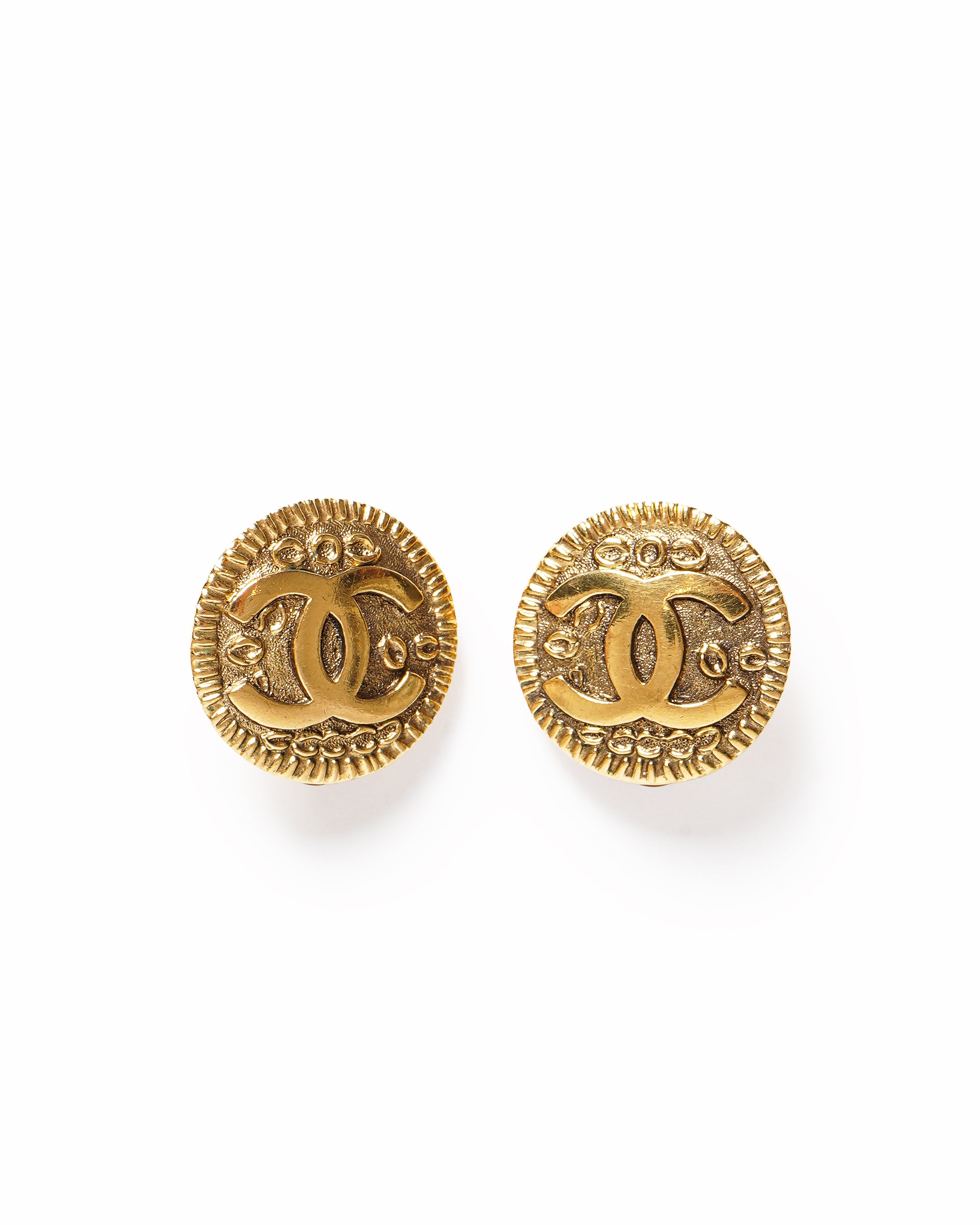 Vintage Chanel Textured CC Round Button Earrings, Made In France 1997
