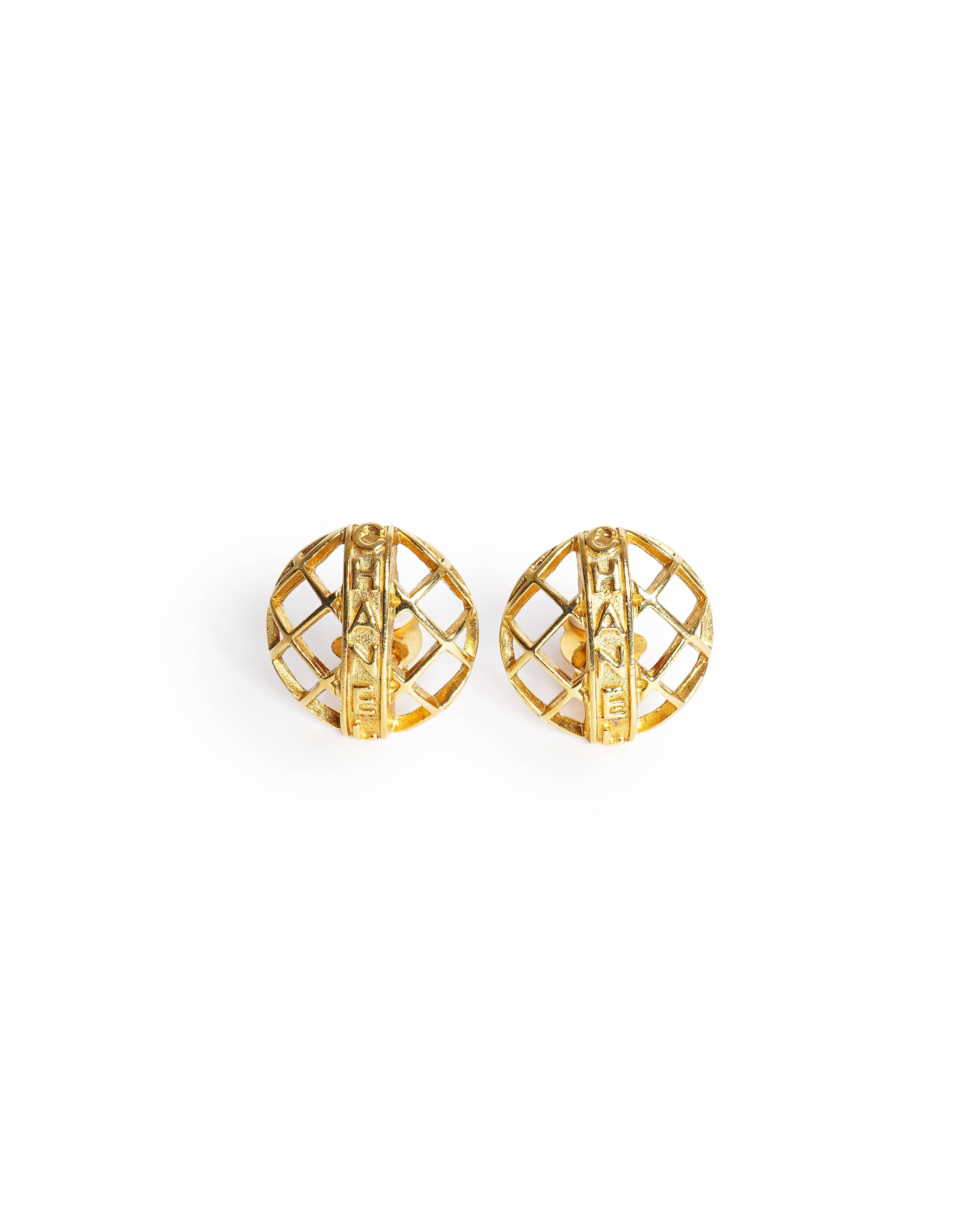 Vintage Chanel Logo Clip-On Gold-Plated Earrings, Made in France 1990's