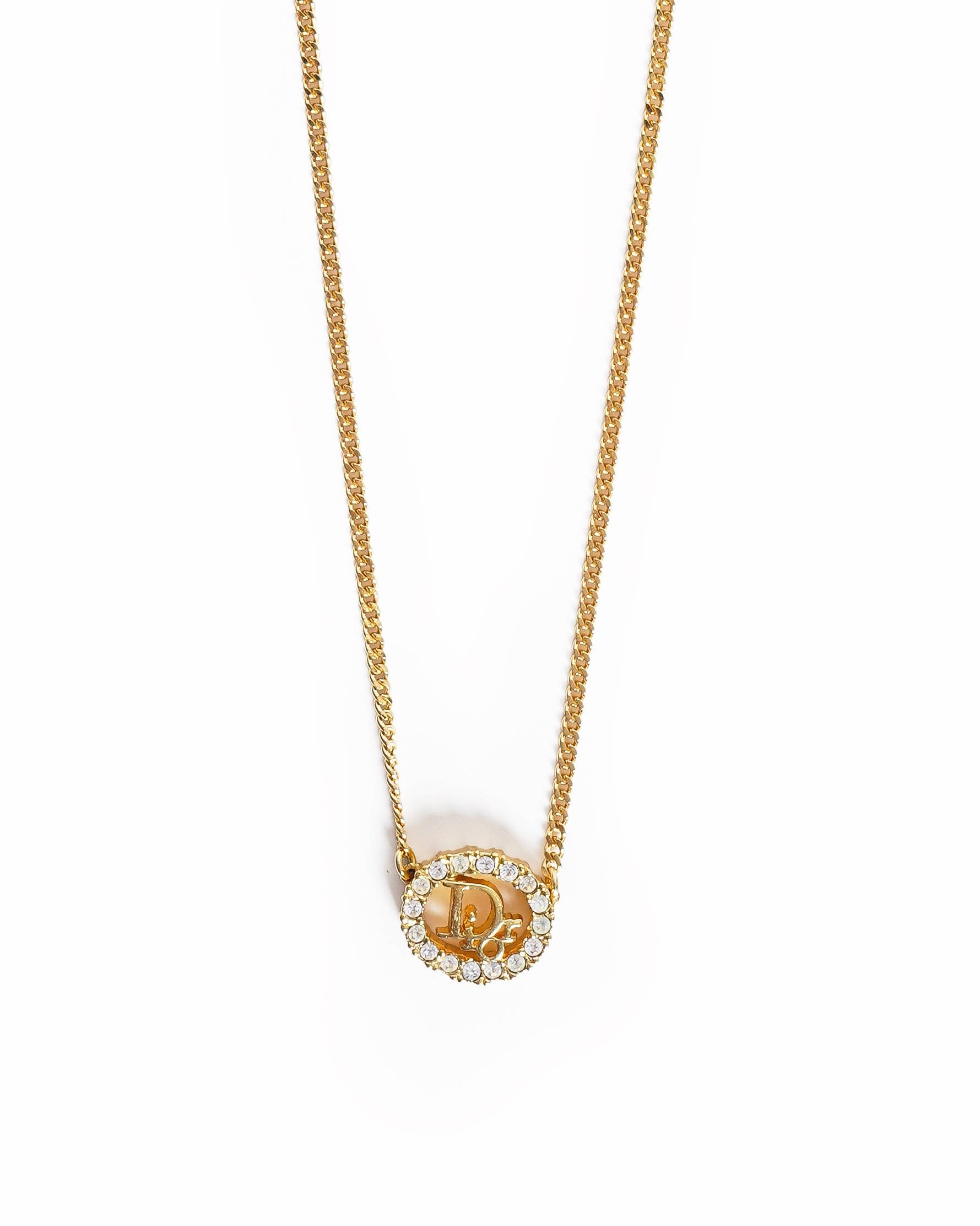 Vintage Dior Gold-Plated Rhinestone Dior Logo Circular Pendant Necklace