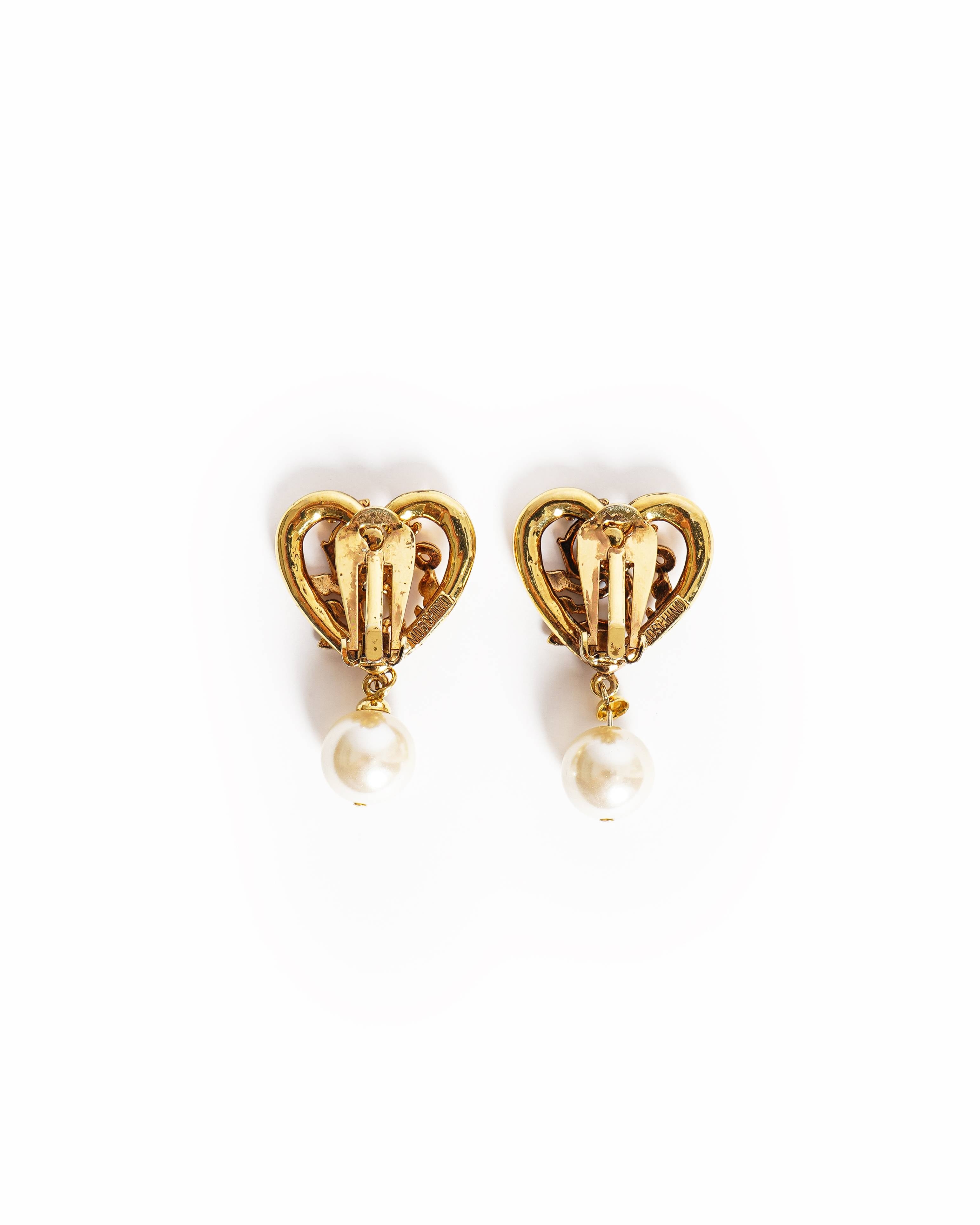 Vintage Moschino Gold-Plated Baroque Heart Ivy & Pearl Drop Earrings