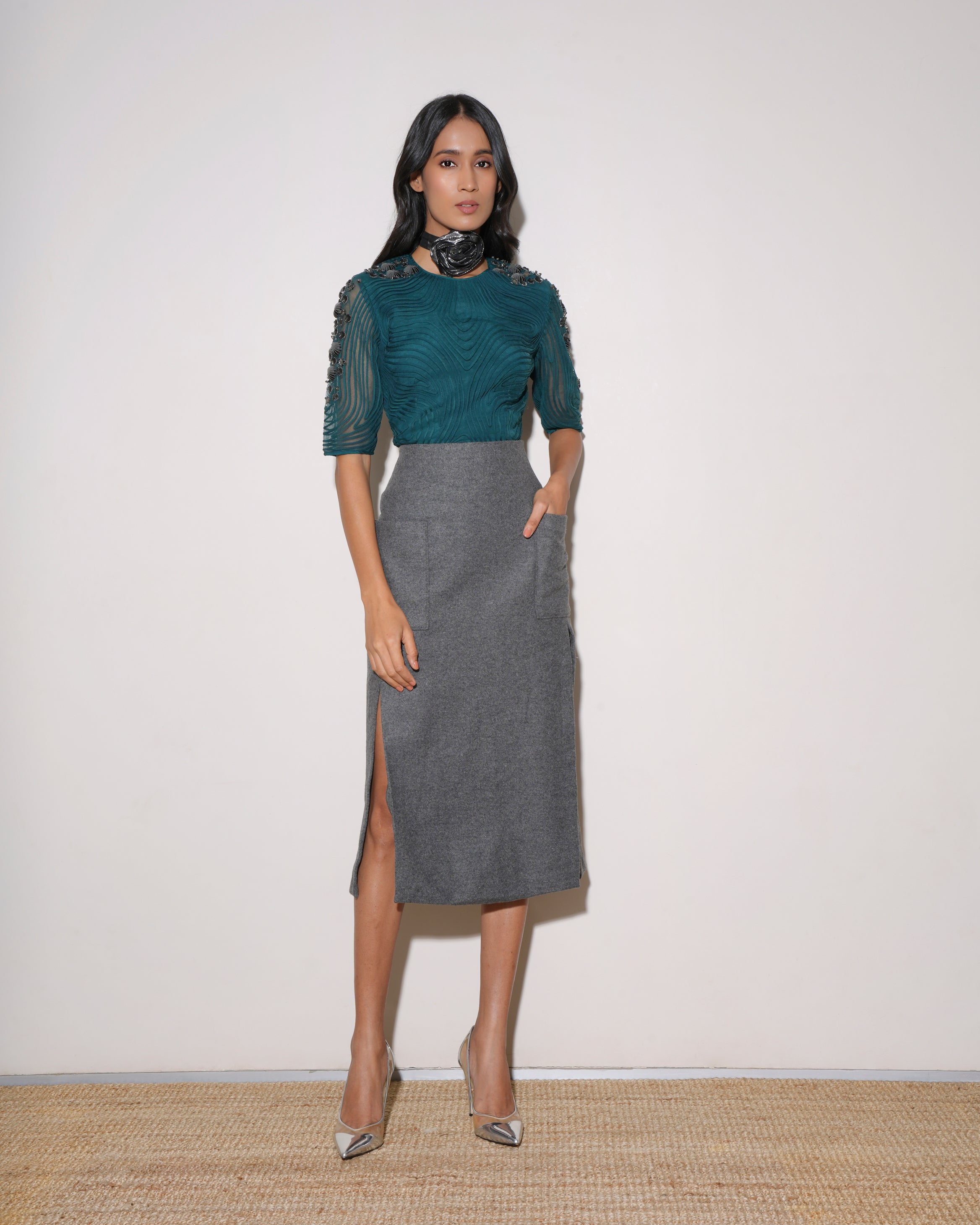 Rohit Gandhi & Rahul Khanna Pleated Peacock Blue Top