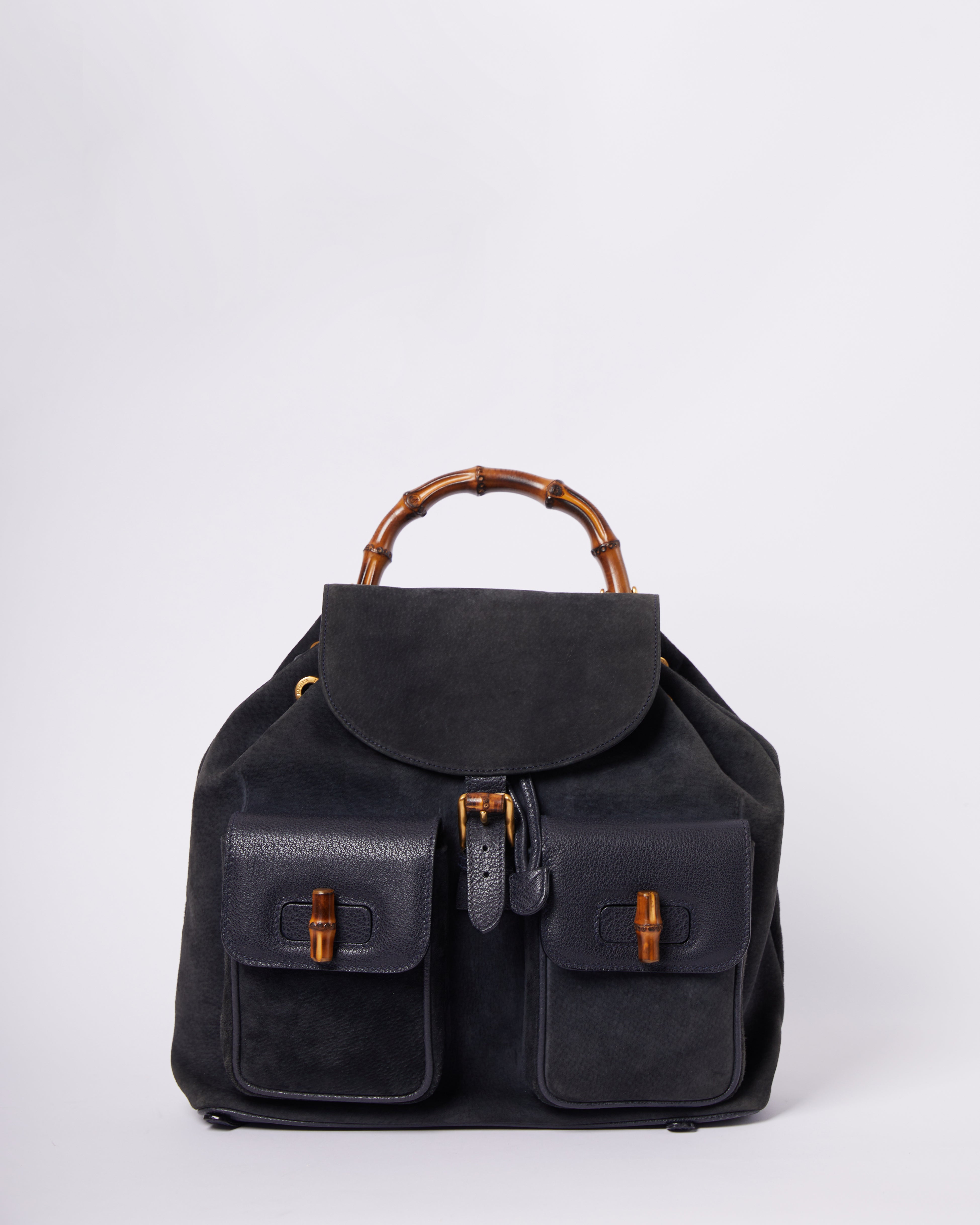 Gucci Vintage Navy Blue Suede Leather Bamboo Bag
