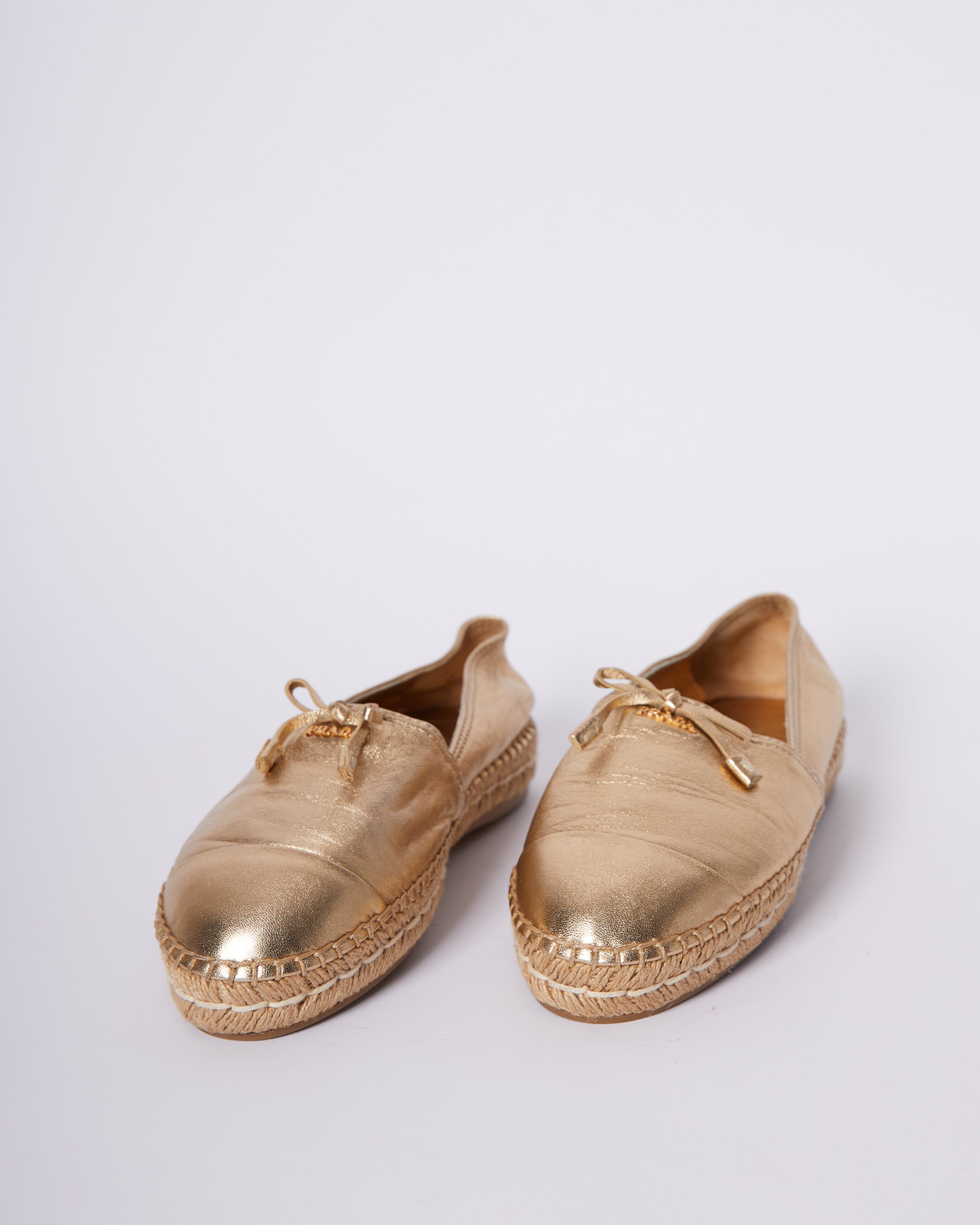 Prada Metallic Gold Leather Bow Espadrille Flats