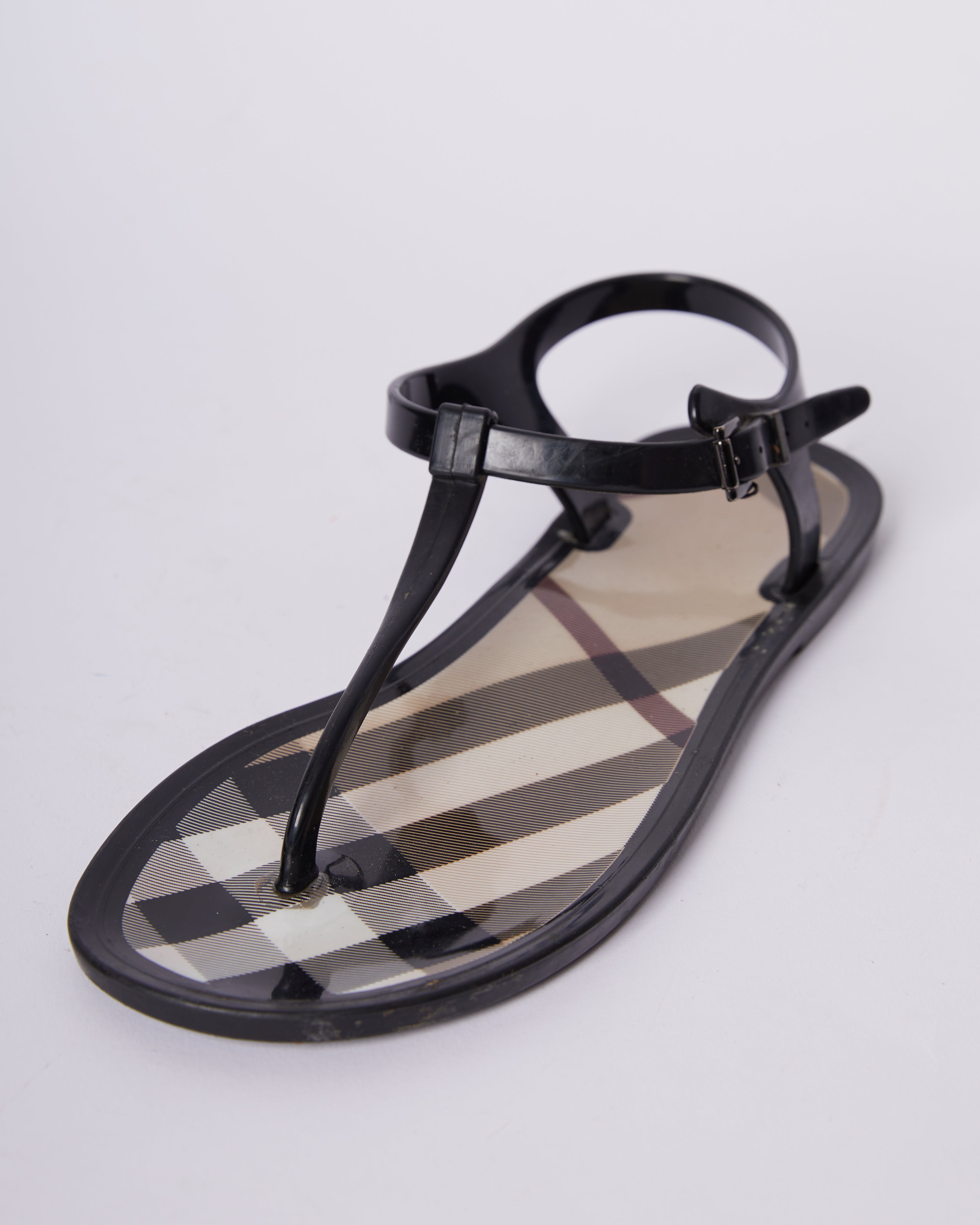 Burberry Black Nova Check PVC Ankle Strap Flats