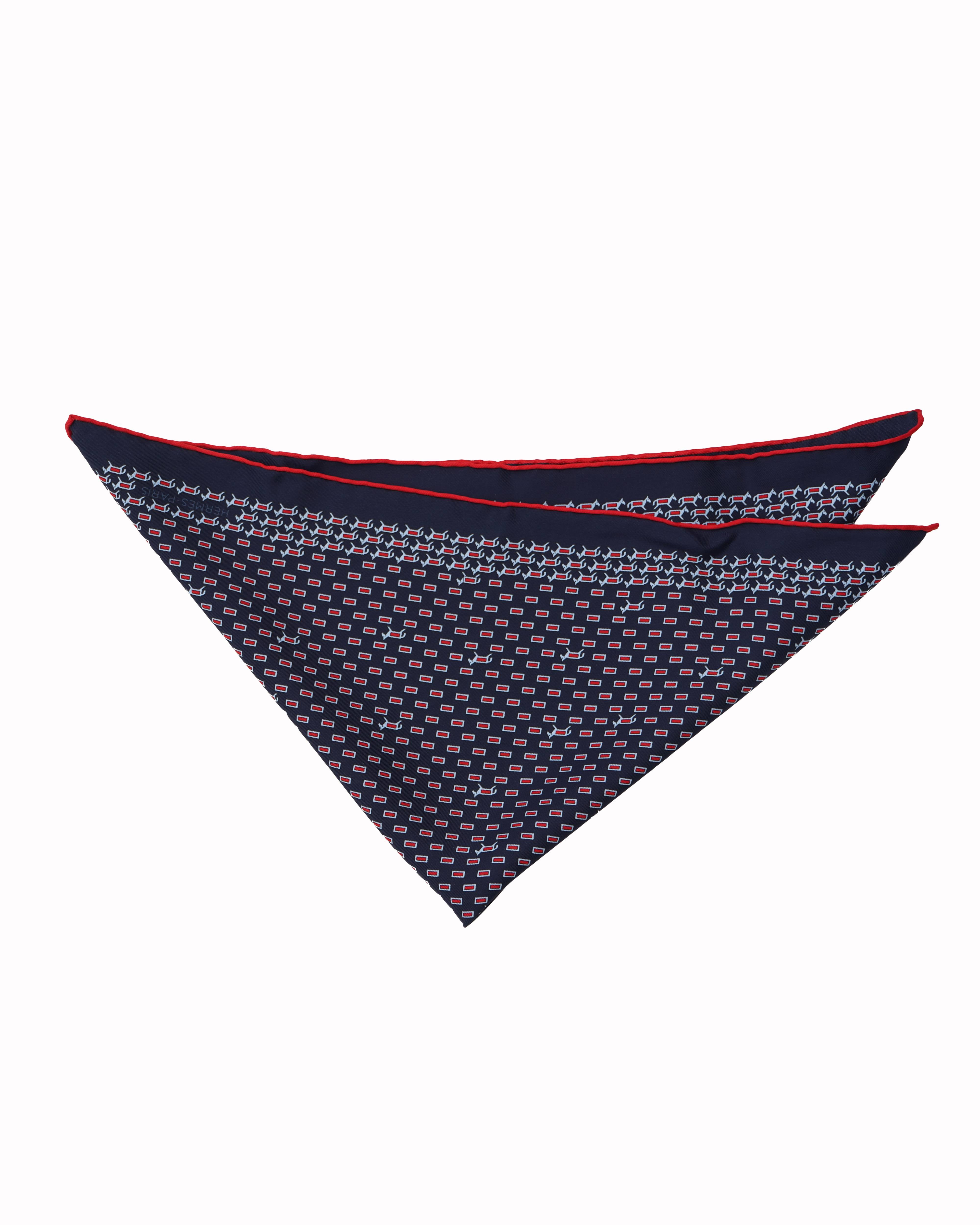 New Hermes Blue & Red Horse Pocket Square In Silk