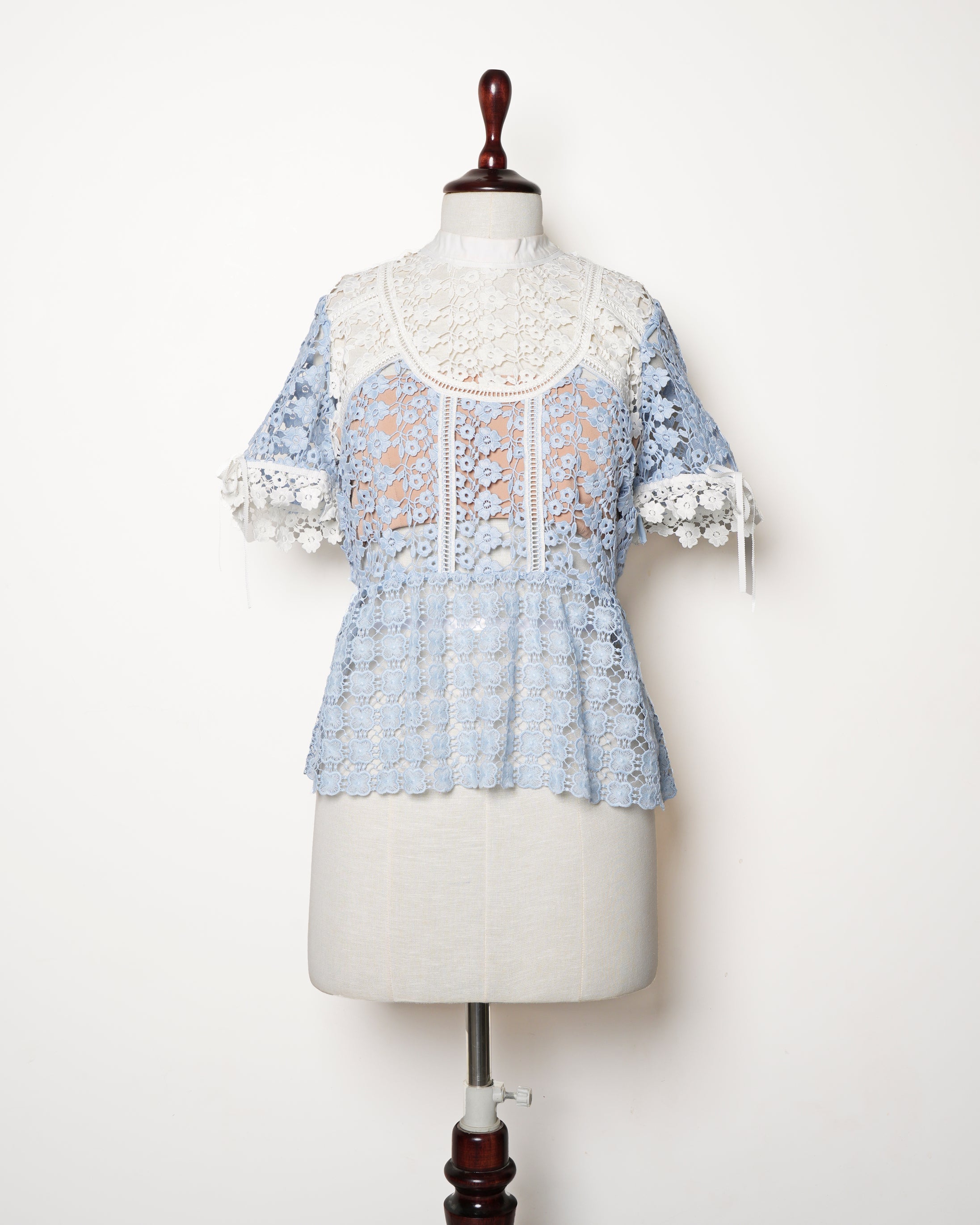 Self Portrait Light Blue Floral Guipure Peplum Top