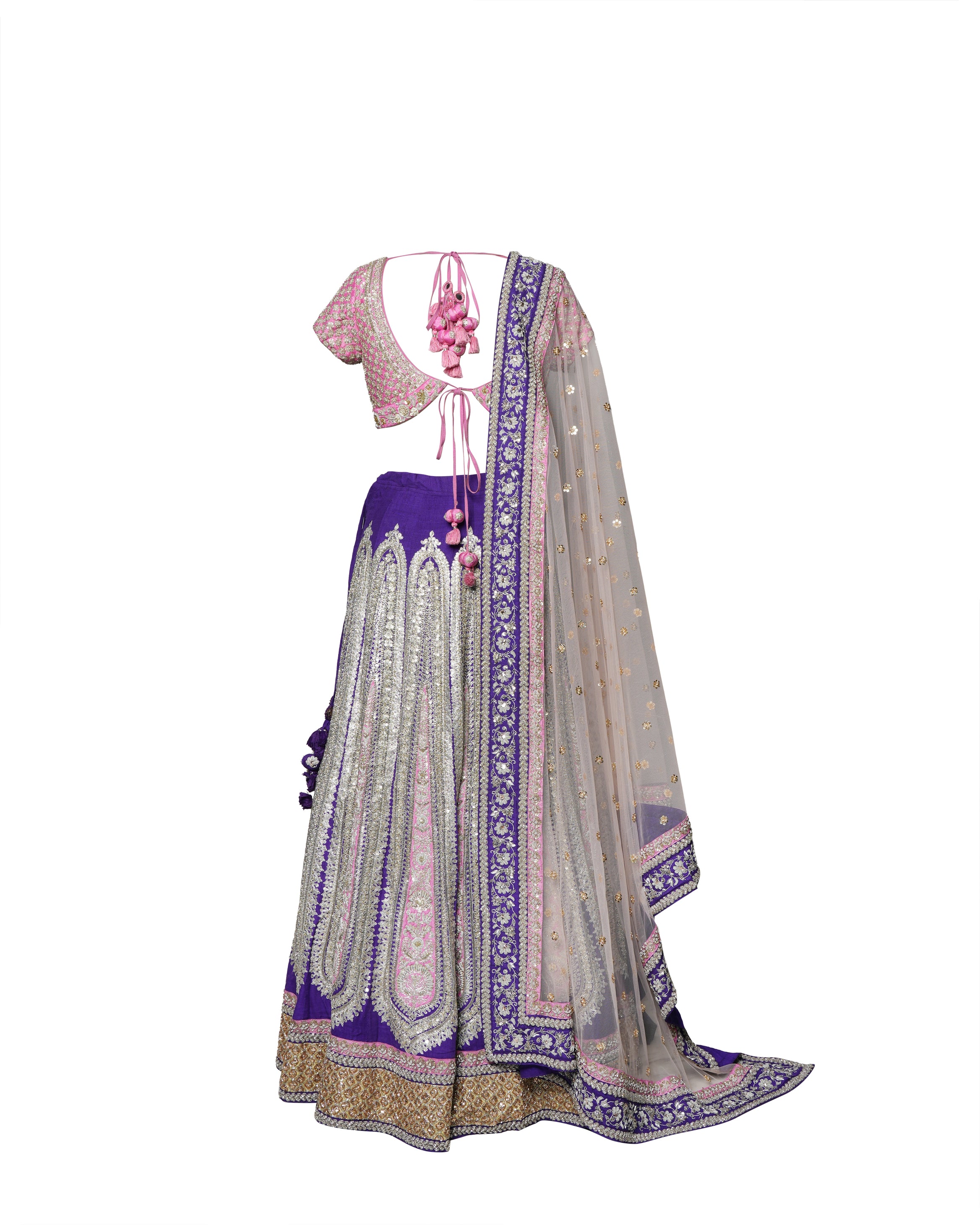 New Sabyasachi Pink & Purple Lehenga With Heavy Zari & Sequins Work