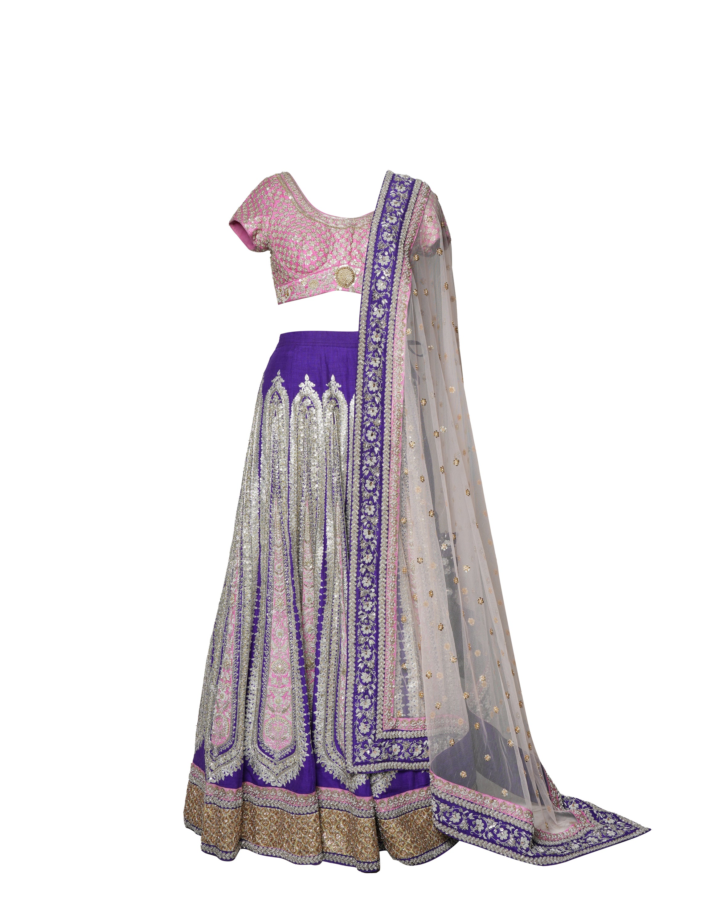 New Sabyasachi Pink & Purple Lehenga With Heavy Zari & Sequins Work