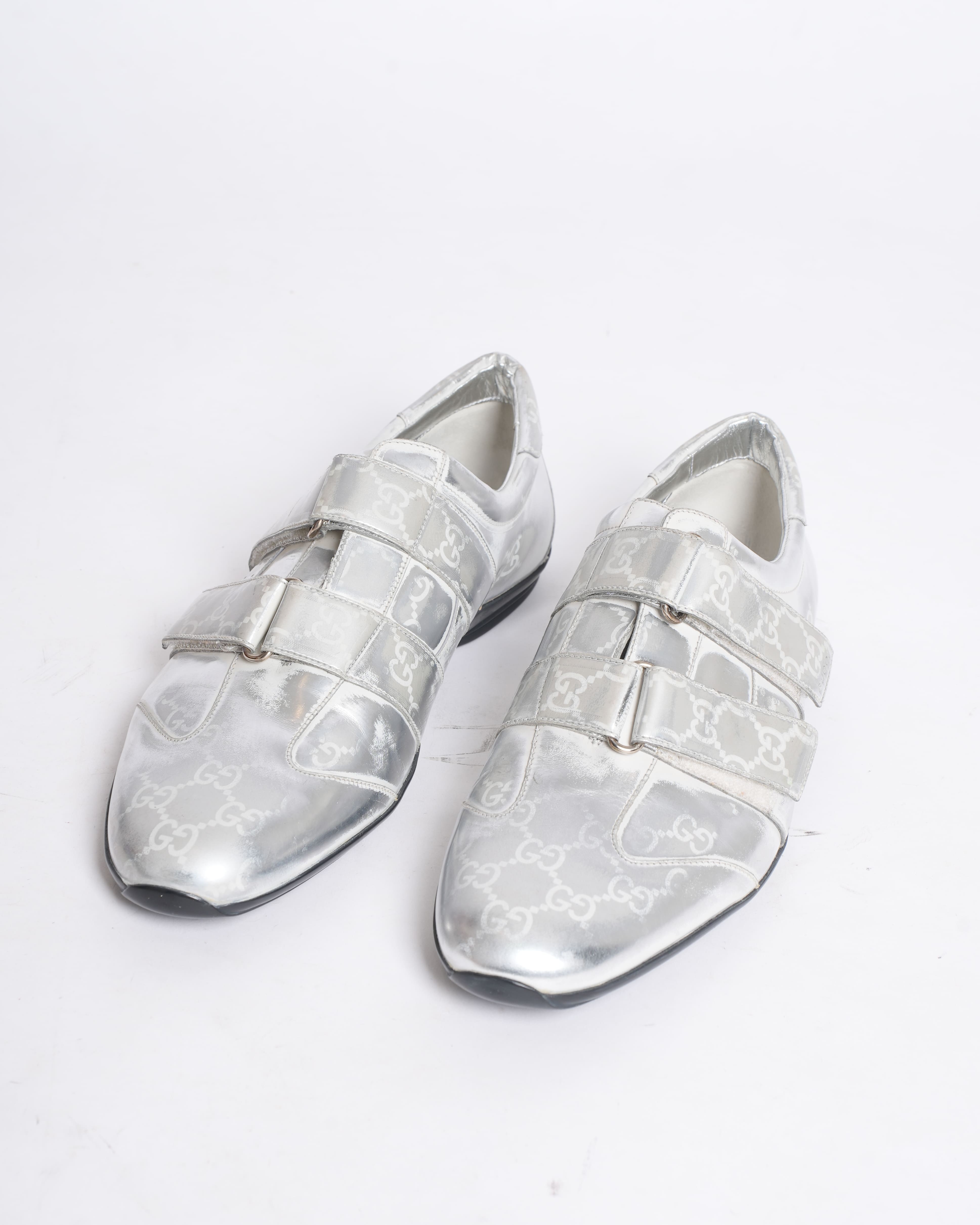 Gucci GG silver canvas and leather velcro sneakers