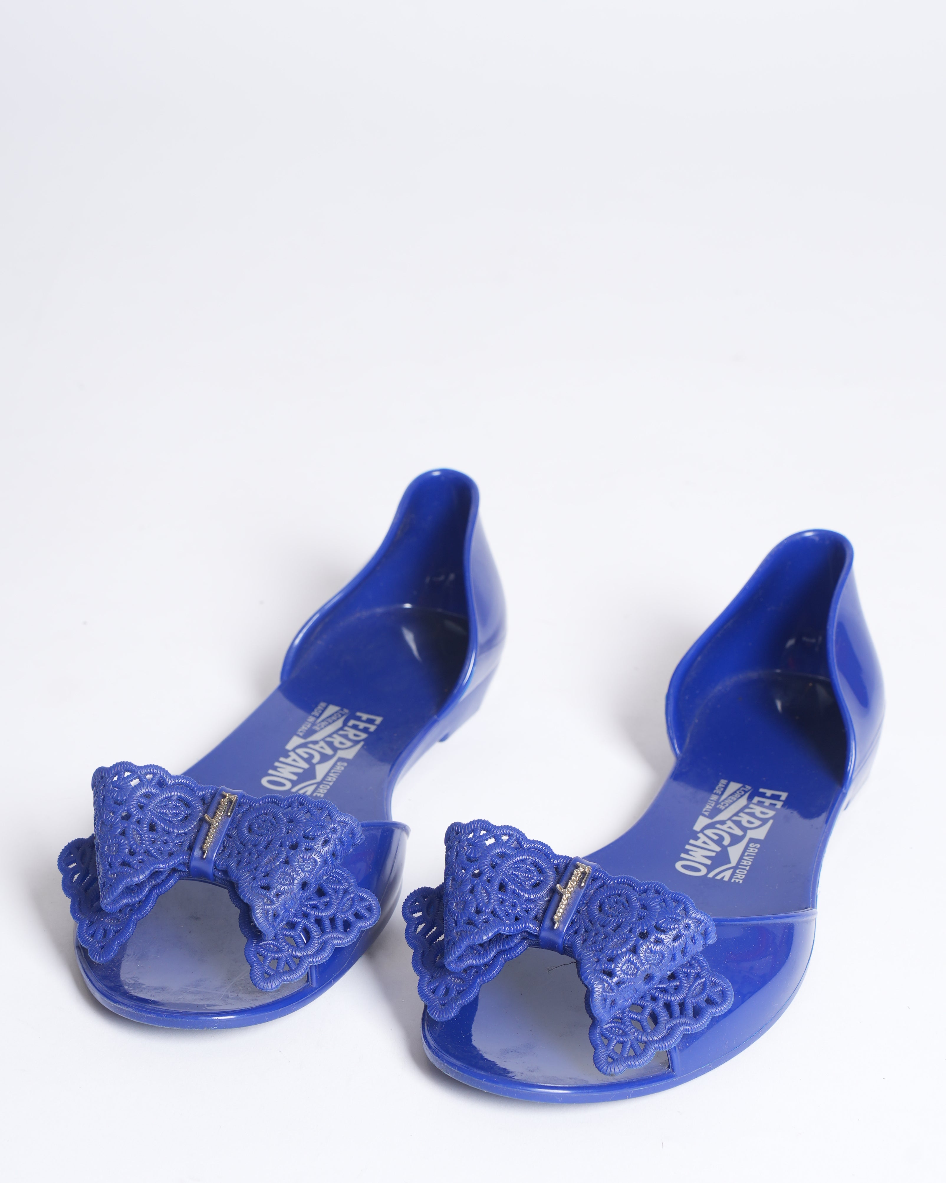 Ferragamo Blue Jelly Barbados Bow Flats
