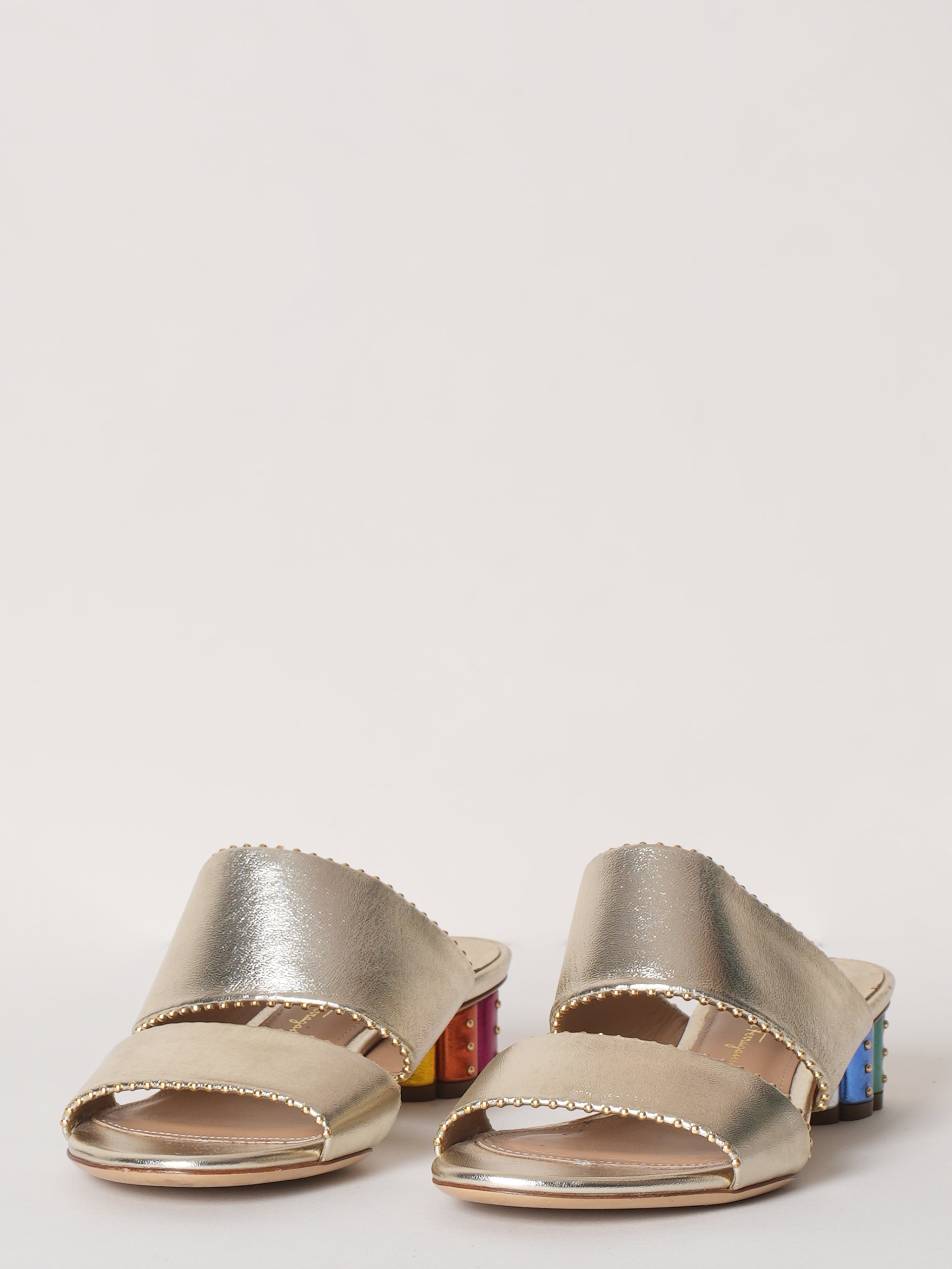 Salvatore Ferragamo Belluno Studded Two Band Floral Heel Metallic Sandals