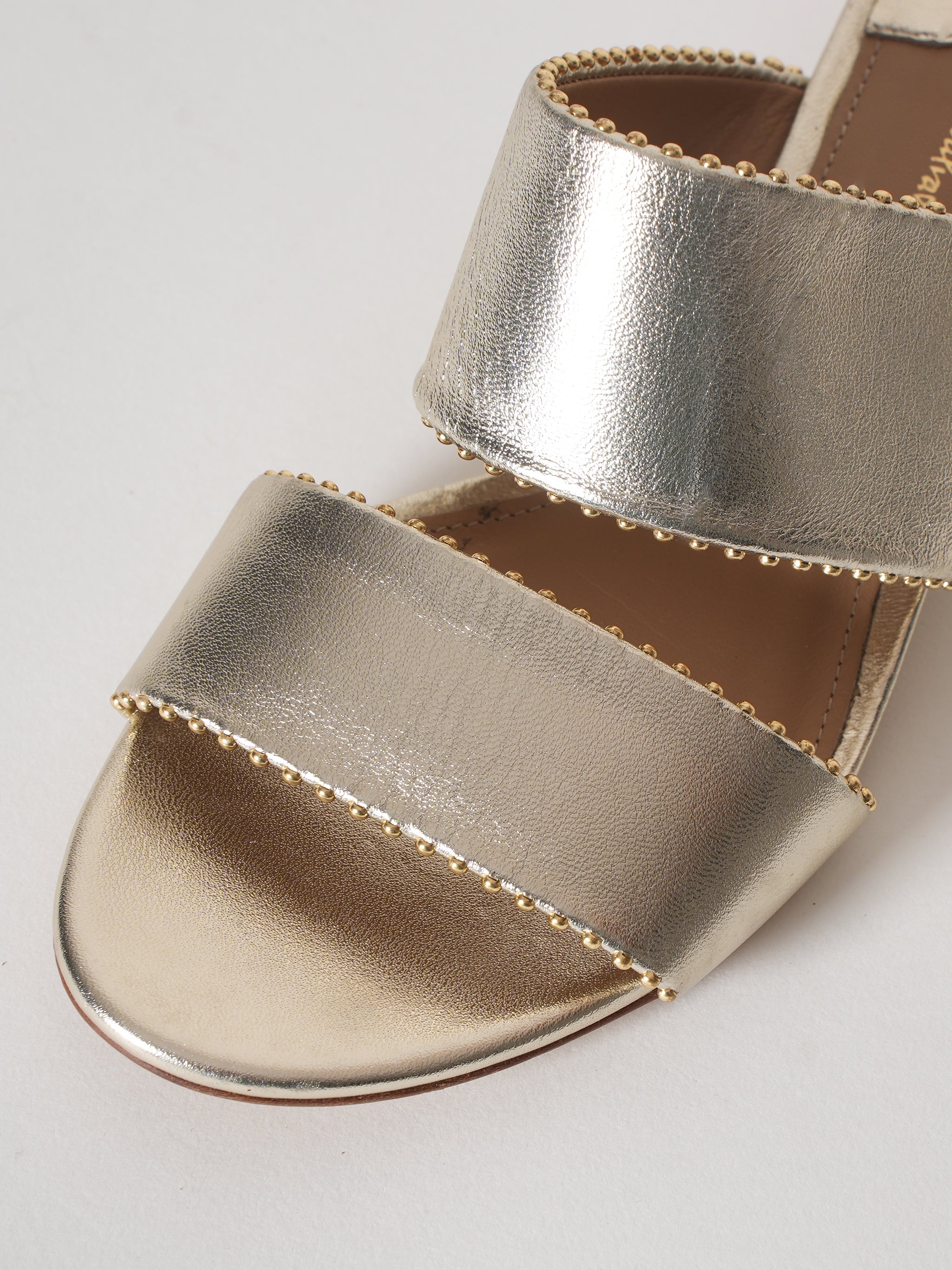 Salvatore Ferragamo Belluno Studded Two Band Floral Heel Metallic Sandals