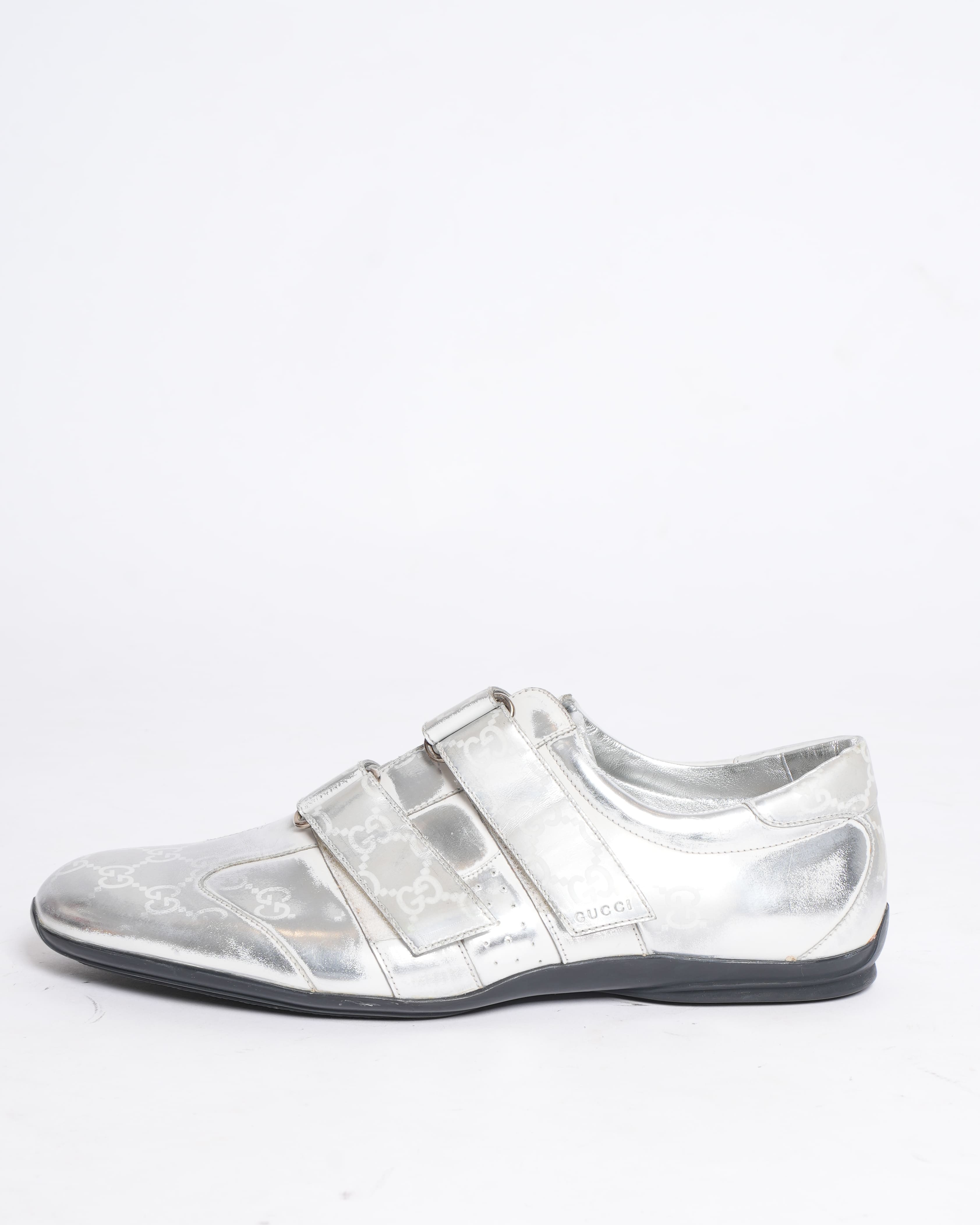 Gucci GG silver canvas and leather velcro sneakers