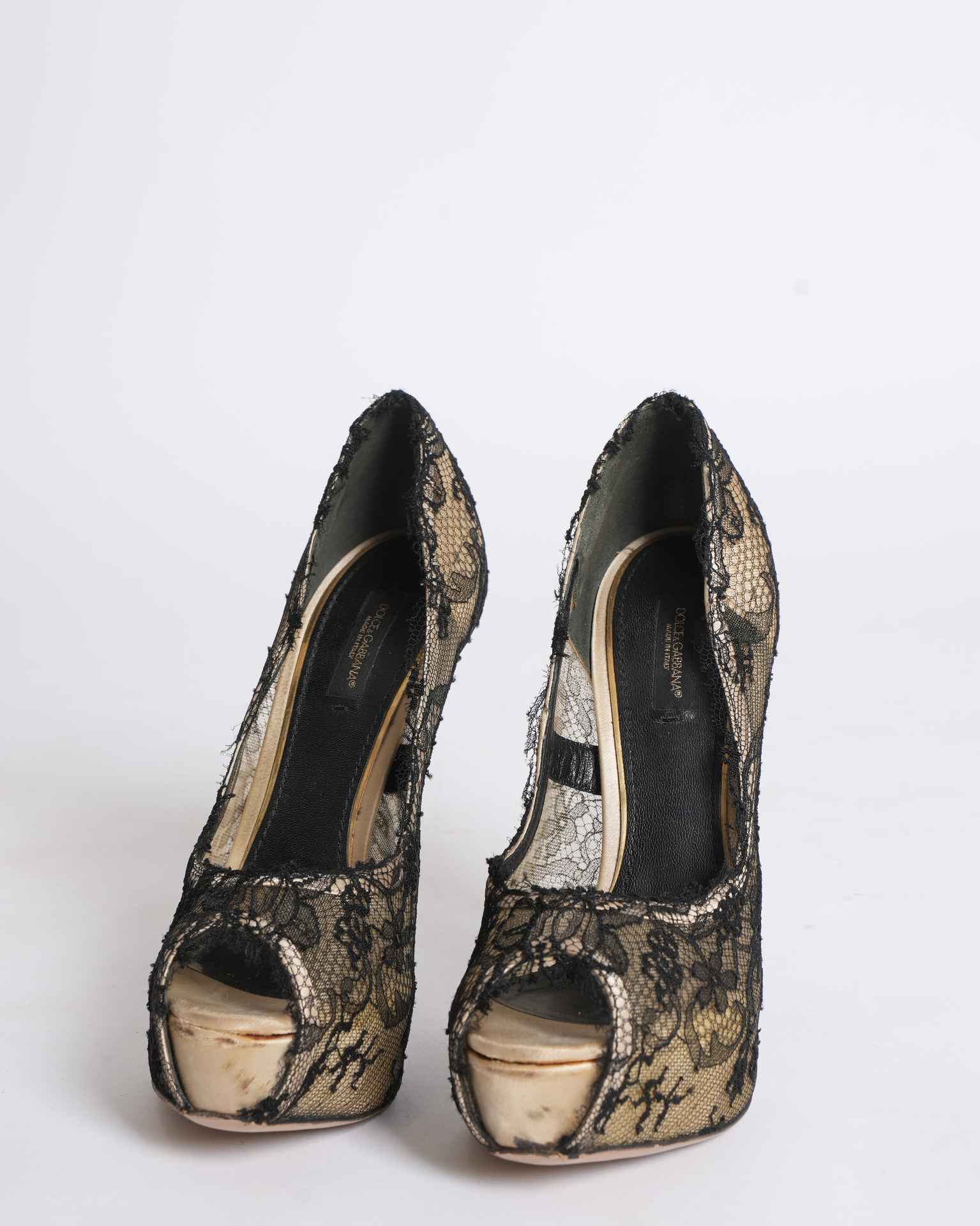Dolce Gabbana Black/Beige Lace and Satin Peep-Toe Platform Pumps