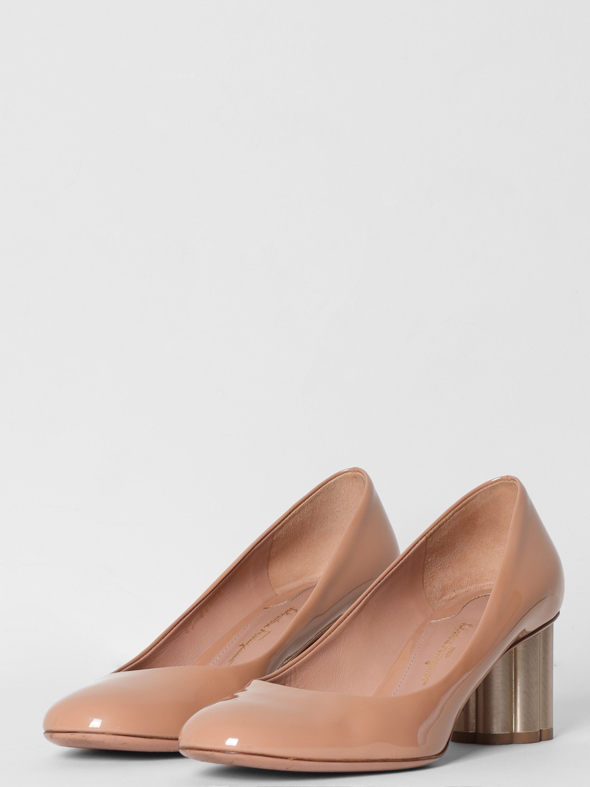Salvatore Ferragamo Patent Leather Lucca Silver Flower Heel Pumps