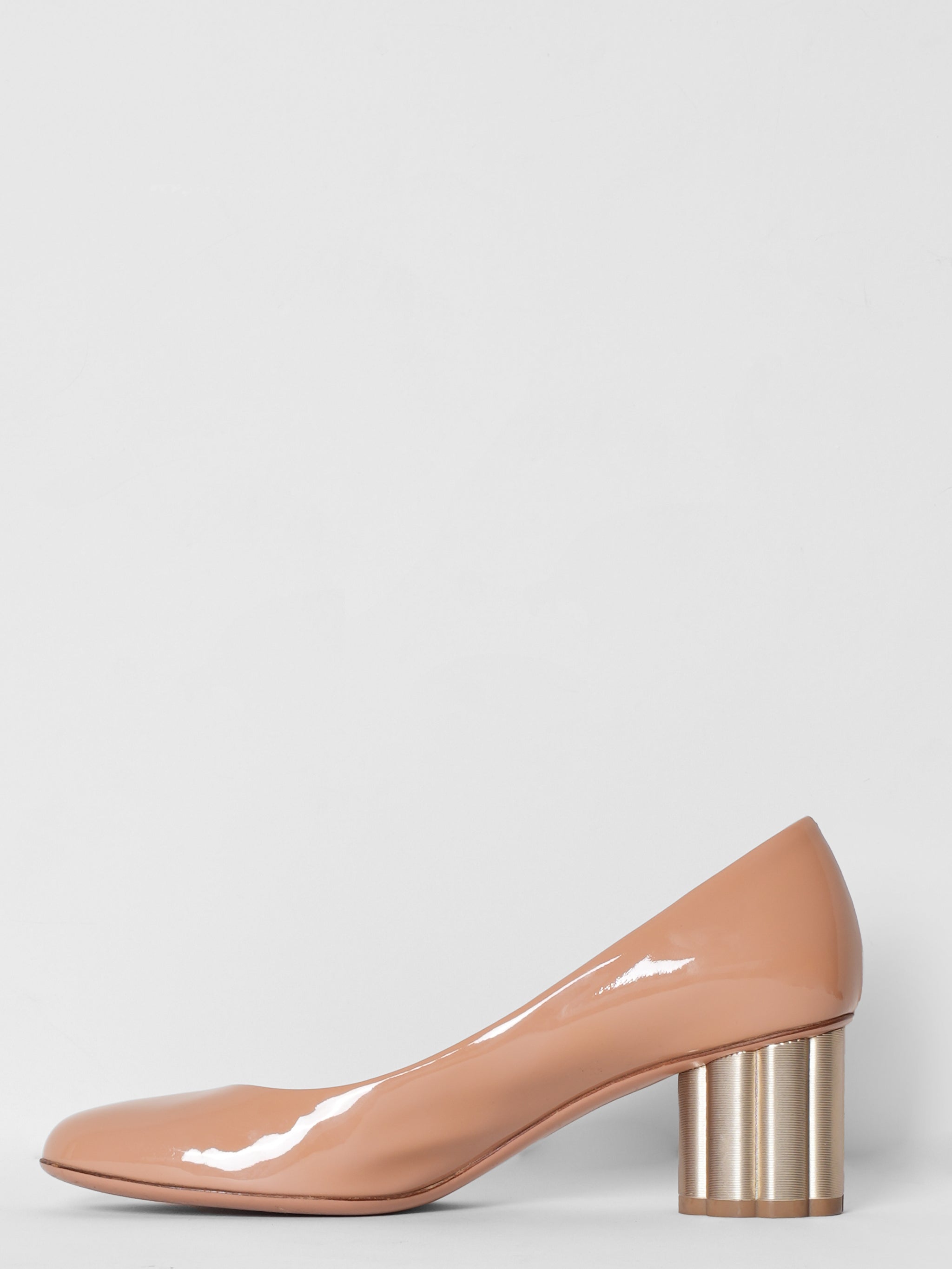 Salvatore Ferragamo Patent Leather Lucca Silver Flower Heel Pumps